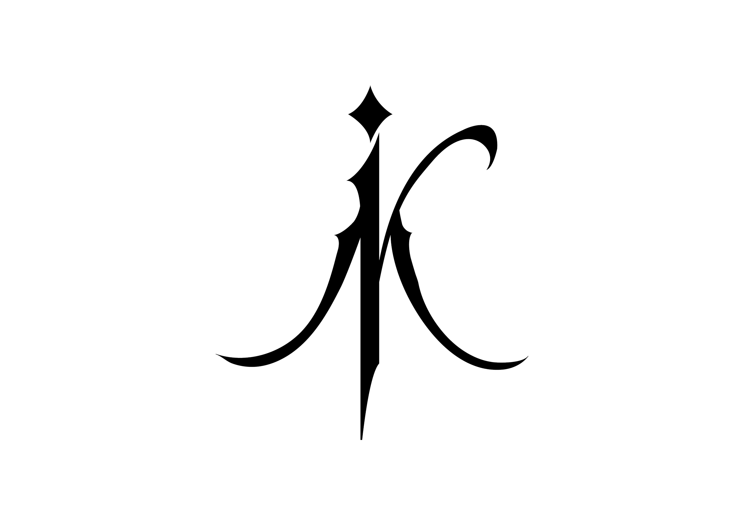 Black background with a white, minimalist, line drawing of a stylized, elegant dagger with curved, decorative elements and a diamond-shaped gem at the top.