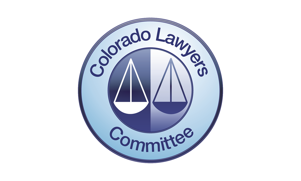 A blue badge logo featuring justice scales in the center, and "Colorado Lawyers Committee" around the border.