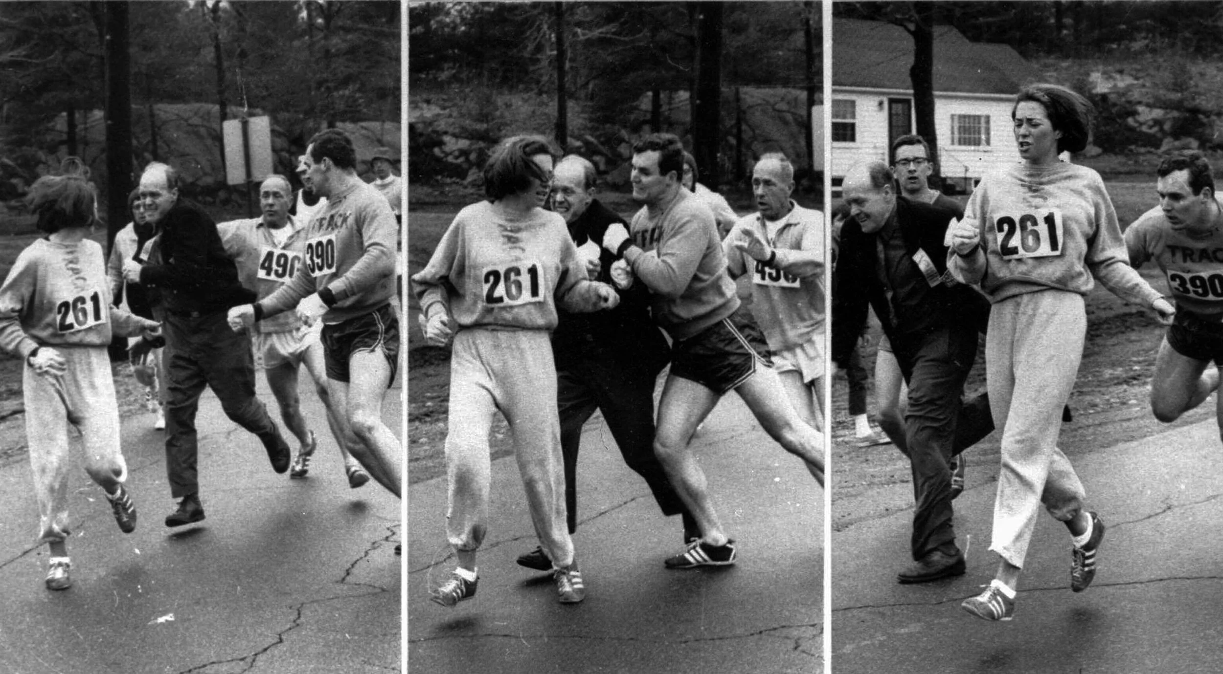 A black and white triptych showing Kathrine Switzer running in the Boston Marathon, with men attempting to stop her.