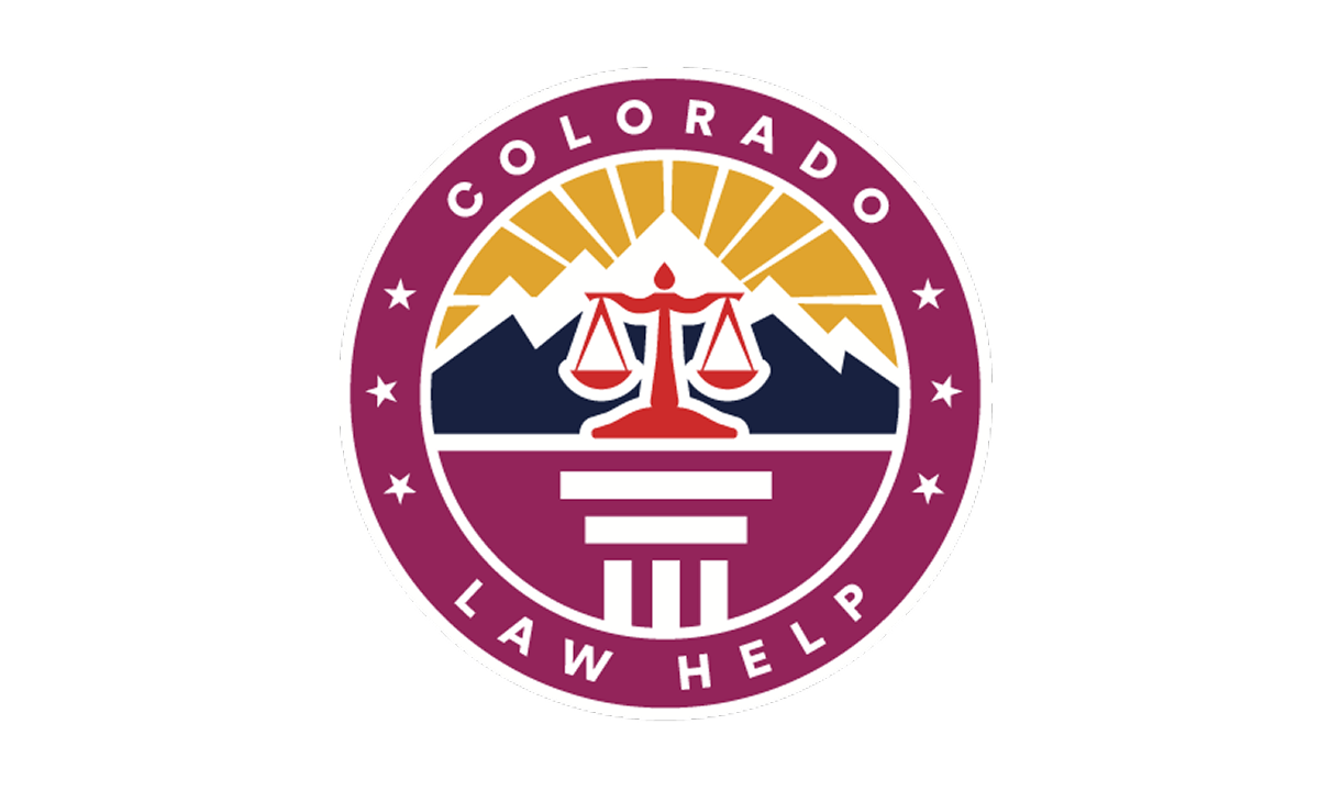Colorado Law Help Logo, a burgundy badge featuring mountains in the center with justice scales overlayed