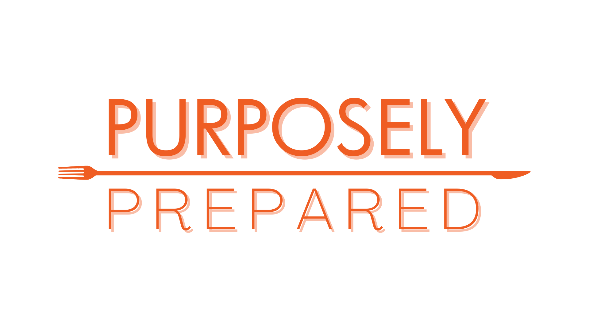 Catering Service 'Purposely Prepared' in orange, with a fork and spoon graphic separating the words, on a black background.