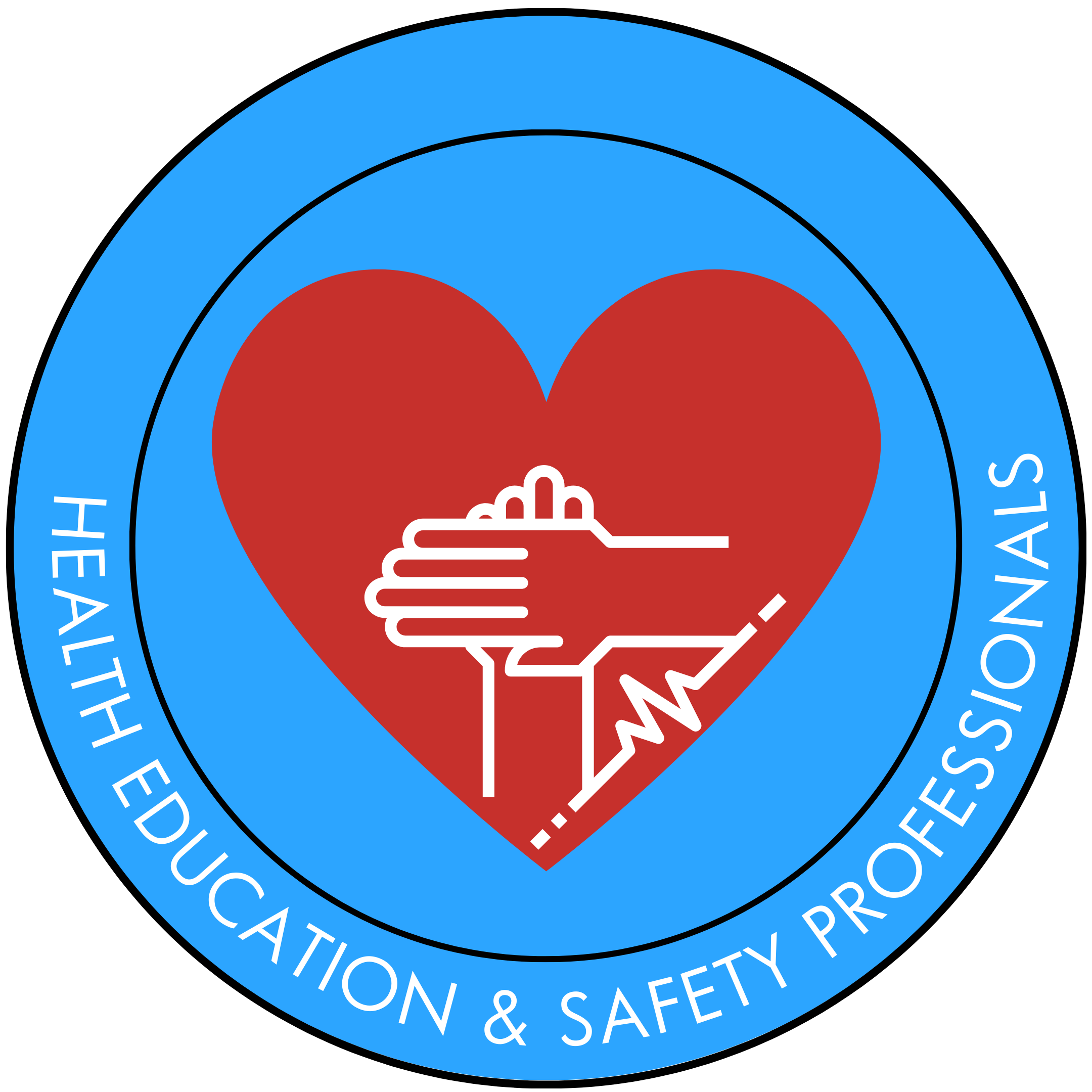 Logo with a red heart and a white outline of two hands reaching out, encircled by a blue border with the white text 'HEALTH EDUCATION & SAFETY PROFESSIONALS'.