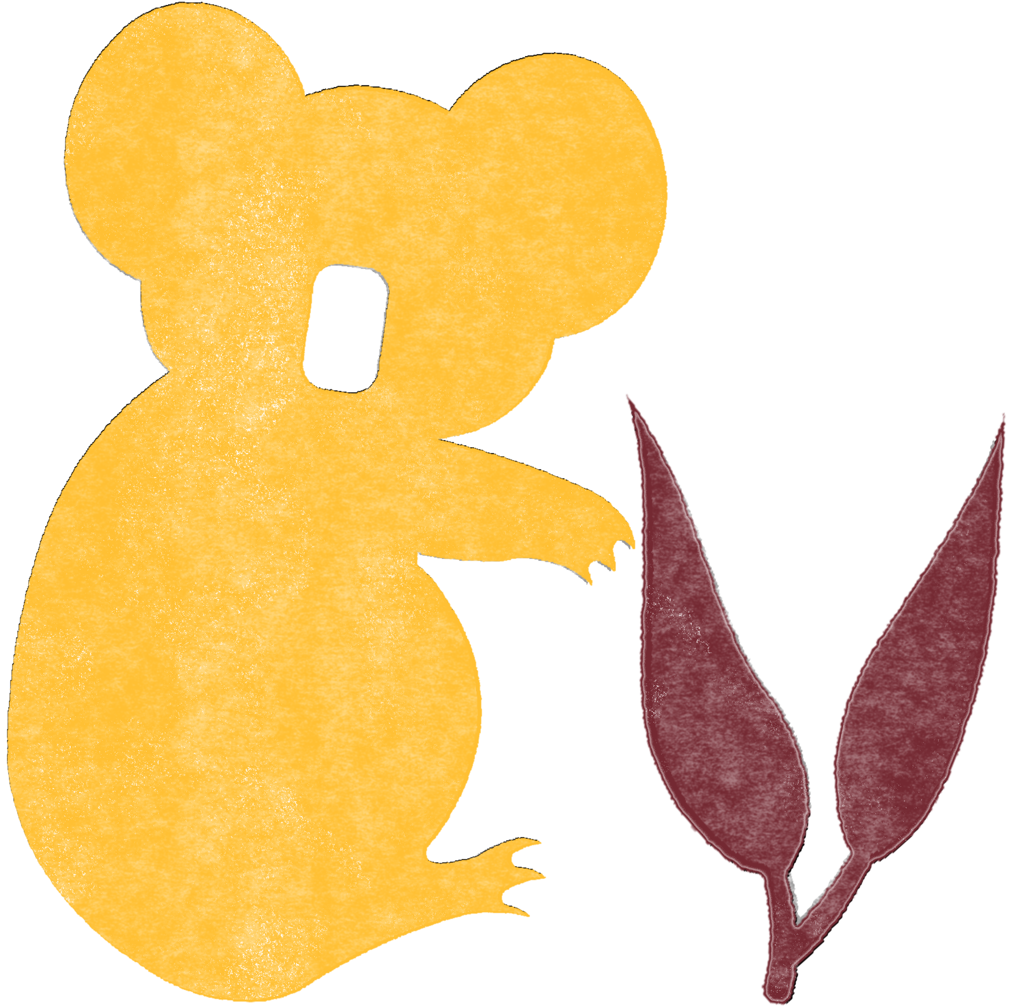 A koala with large round ears and an oblong nose, holding 2 pointy eucalyptus leaves.