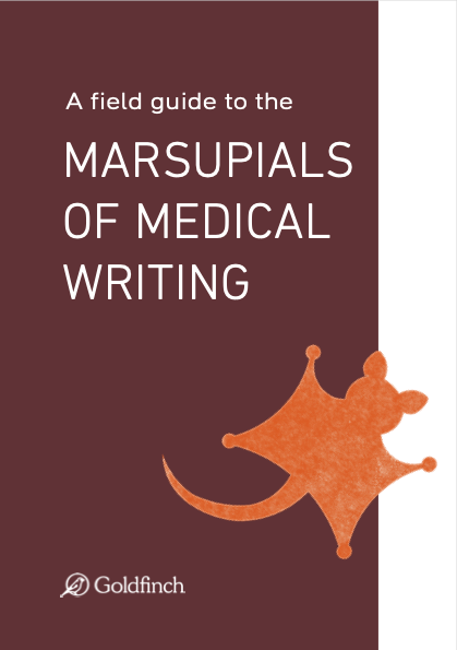 Cover showing the title "A Field Guide to the Marsupials of Medical Writing" with a sugar glider flying diagonally across the page. The Goldfinch logo is also present.