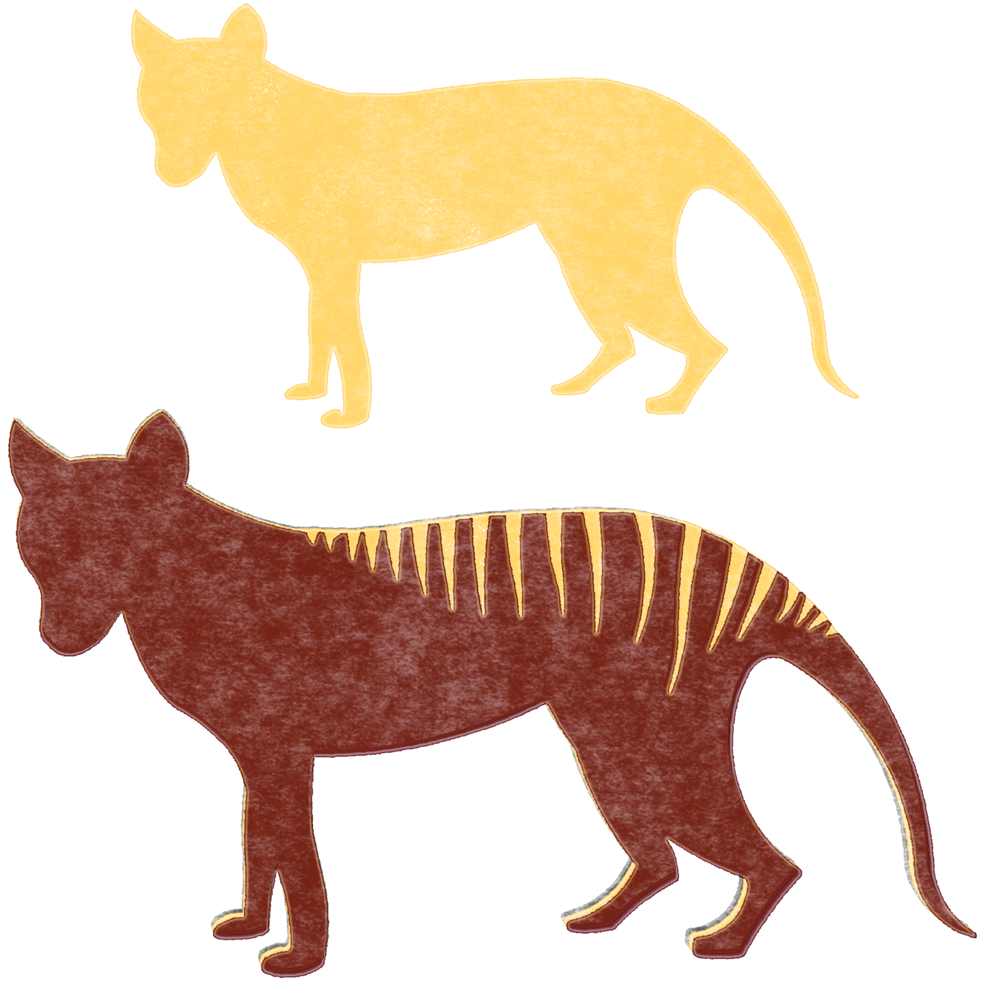 A dog-like animal showing a pattern of stripes along its spine, and a shadow animal with no stripes.
