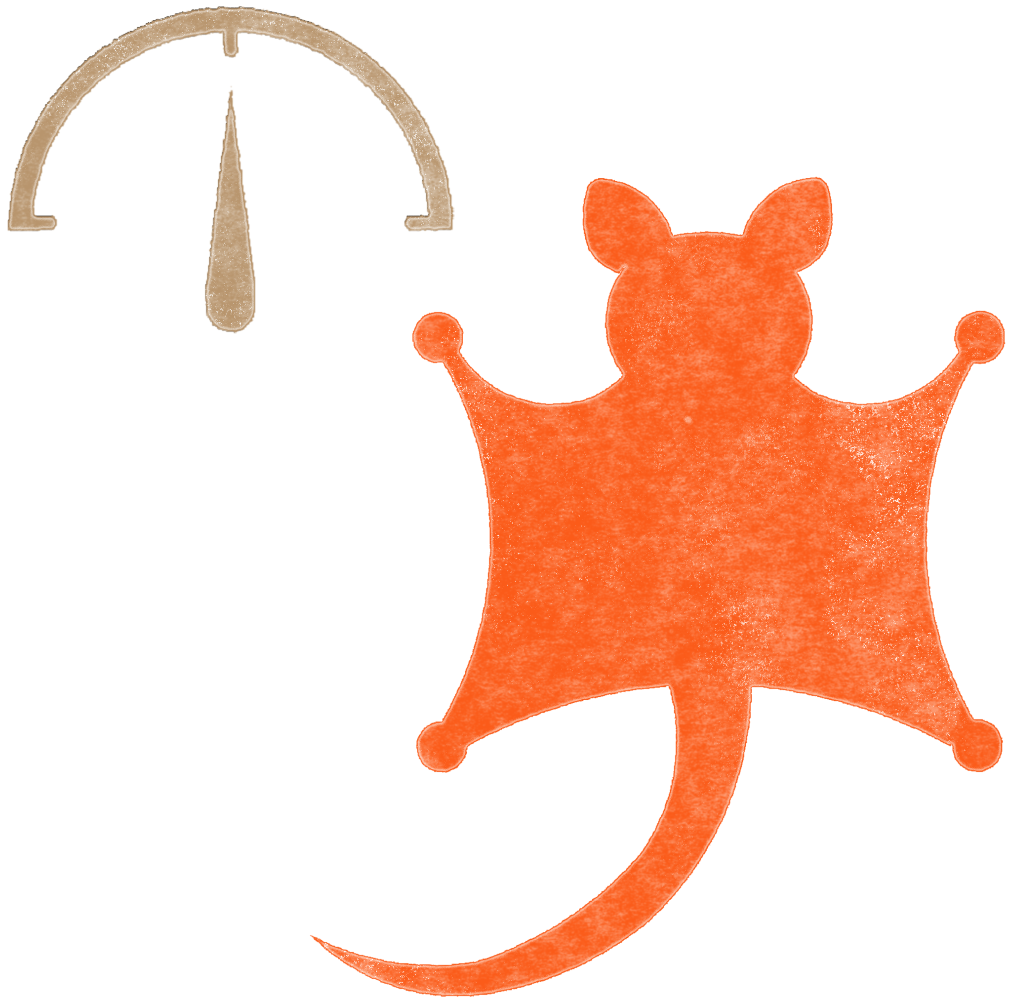 A small creature with arms and legs outstretched so its body resembles a parachute and a long tail pointing left. It represents a sugar glider in flight with a dial pointing straight ahead, suggesting balance.