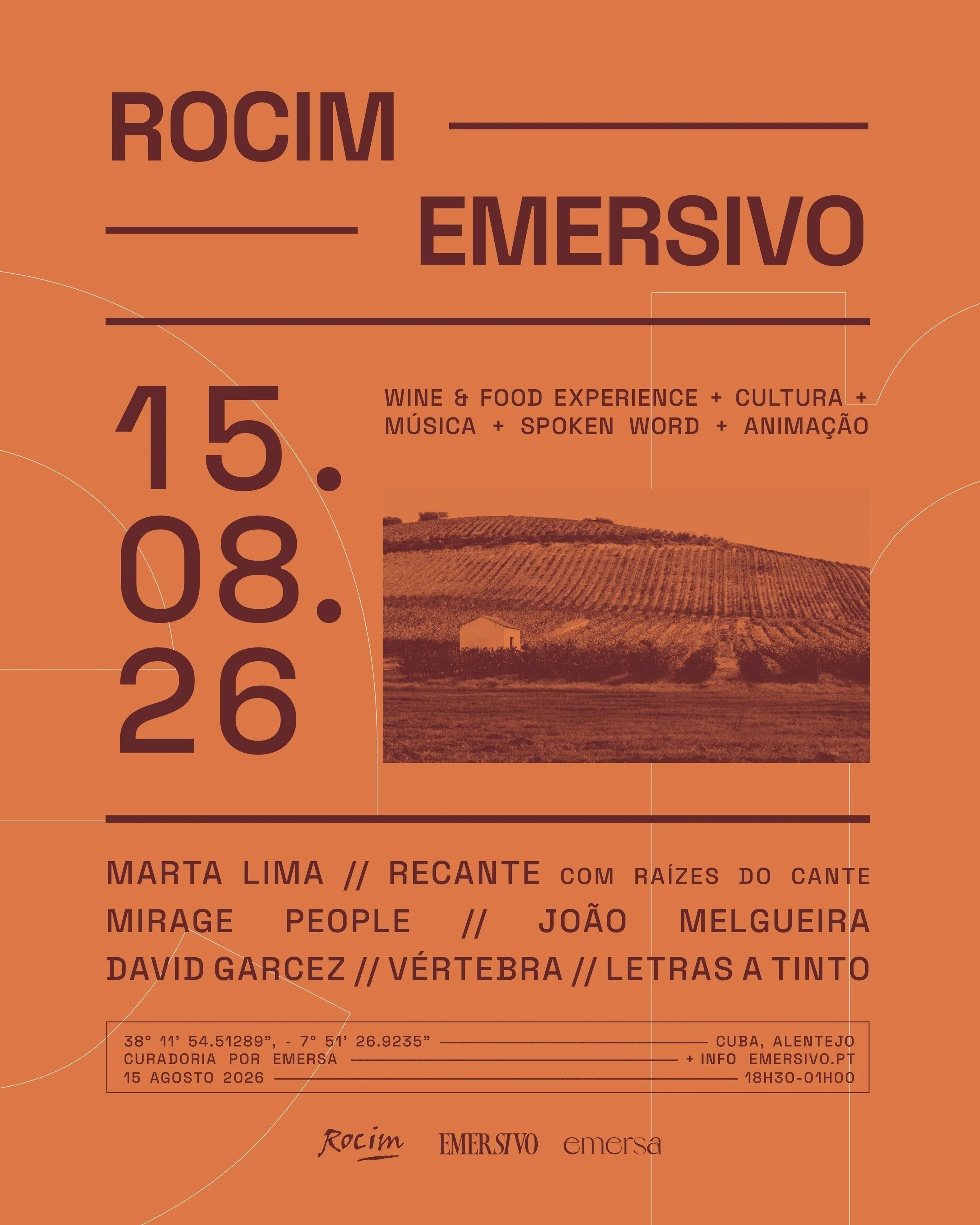 Cartaz de evento chamado 'Rocim Emersivo' que ocorrerá em 15 de agosto na cidade de Cuba, Alentejo, Portugal, com informações de curadoria, horários, e nomes de artistas e curadores envolvidos, além de detalhes de localização e contato.