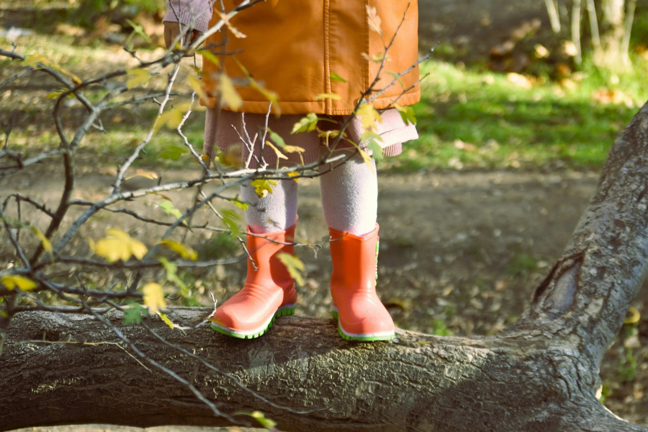 Close-up of a child standing on a fallen tree trunk, wearing pink rain boots, gray leggings, pink shorts, a beige coat, and a brown jacket, outdoors surrounded by green foliage and tree branches.