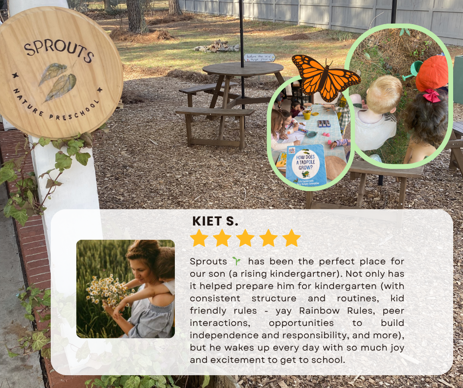 Outdoor preschool garden area with a sign reading 'Sprouts Nature Preschool,' wooden picnic table, and children engaged in outdoor activities, including a group at a table and a child examining a plant. Decorations include a butterfly cutout and signs about tadpoles.