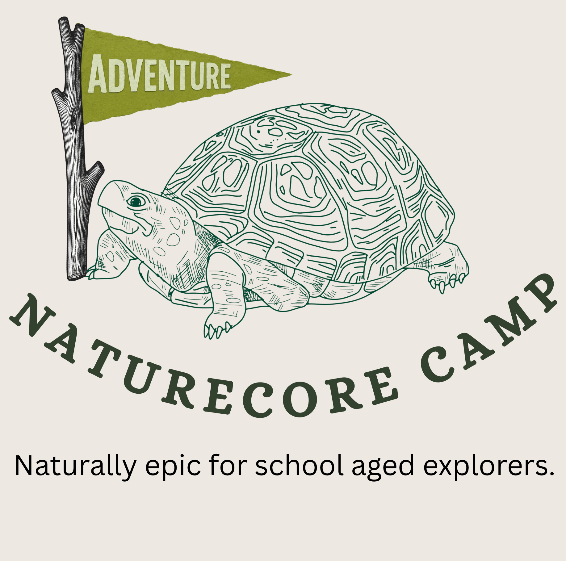 Illustration of a turtle with a shell and head, holding a green pennant with the word "ADVENTURE". Text around the turtle reads "NATURECORE CAMP" and description below says "Naturally epic for school aged explorers."