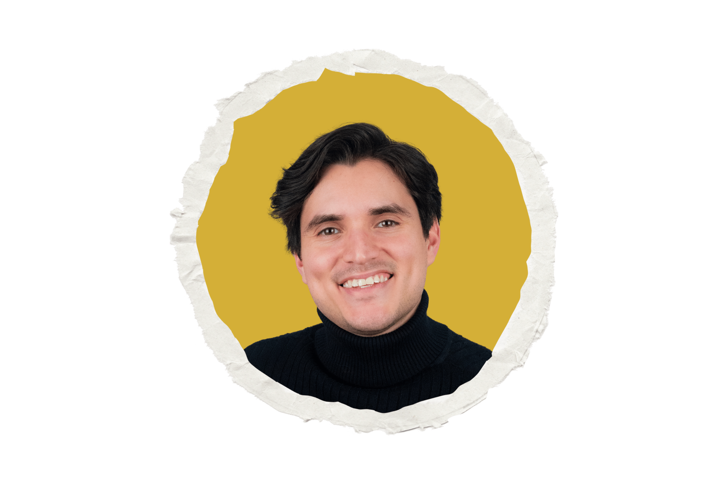 Portrait of a man with dark hair, wearing a black turtleneck sweater, smiling, against a yellow circular background with torn paper edges.