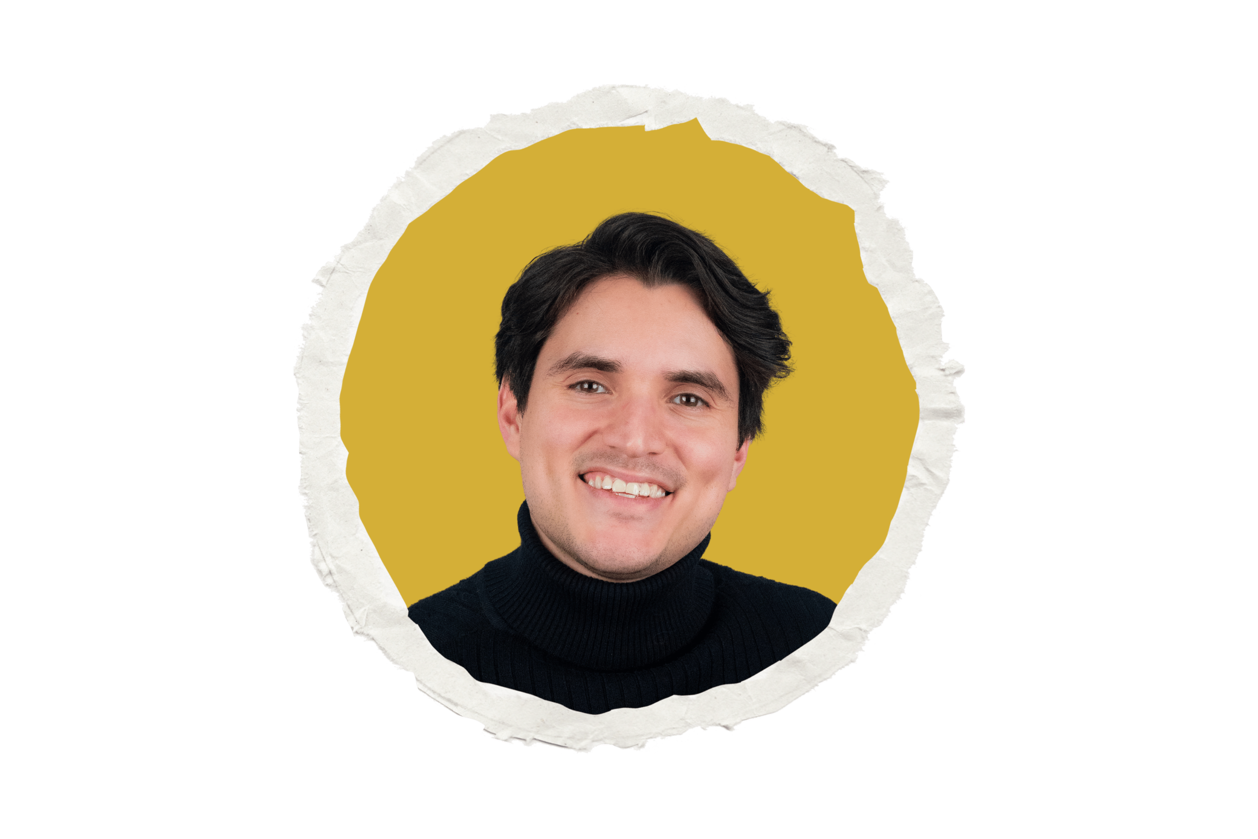 Portrait of a smiling man with dark hair, wearing a black turtleneck sweater, set against a torn paper background with a yellow and black color scheme.