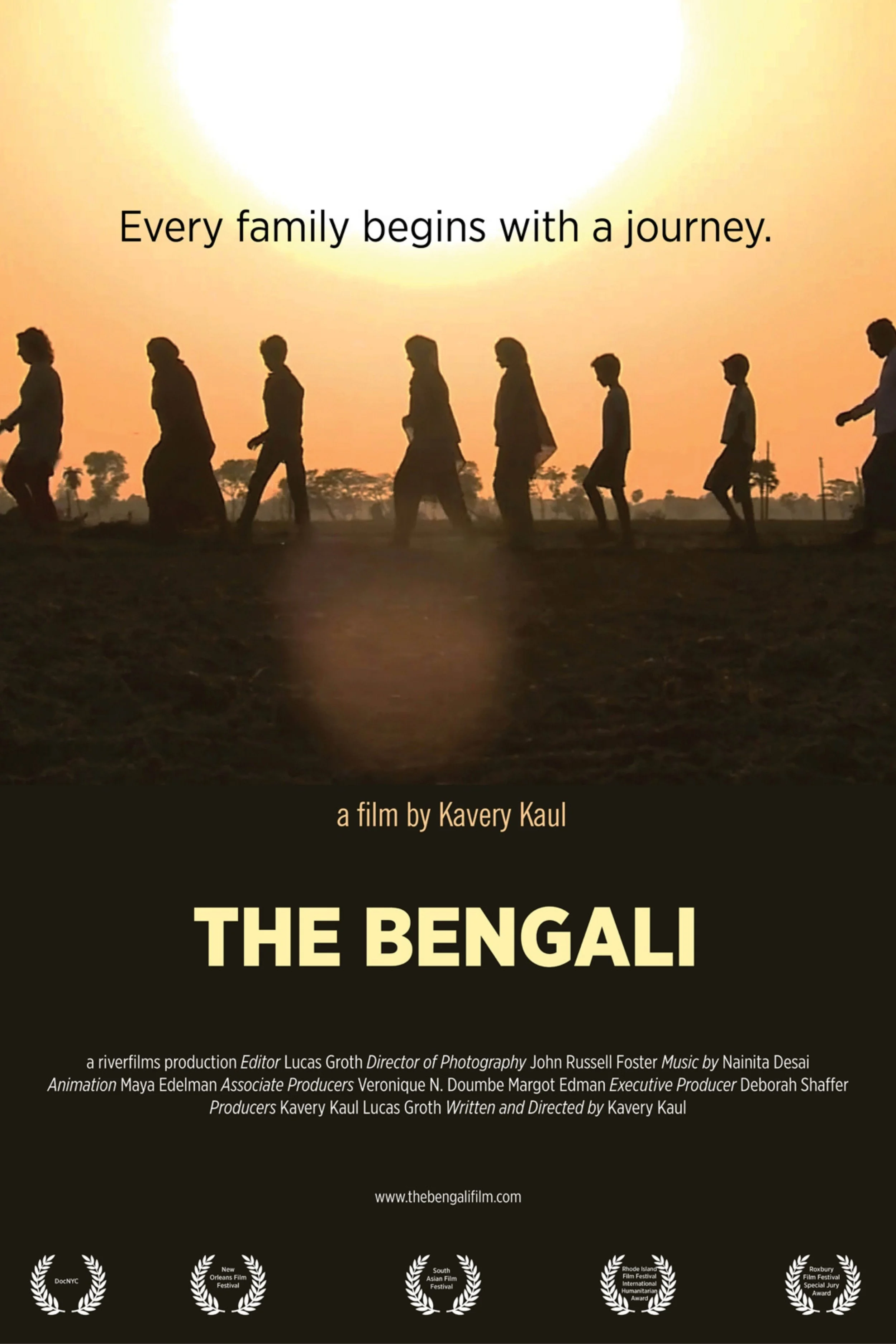 Silhouettes of people walking in a line during sunset with the text 'Every family begins with a journey' and film credits for 'The Bengali'.