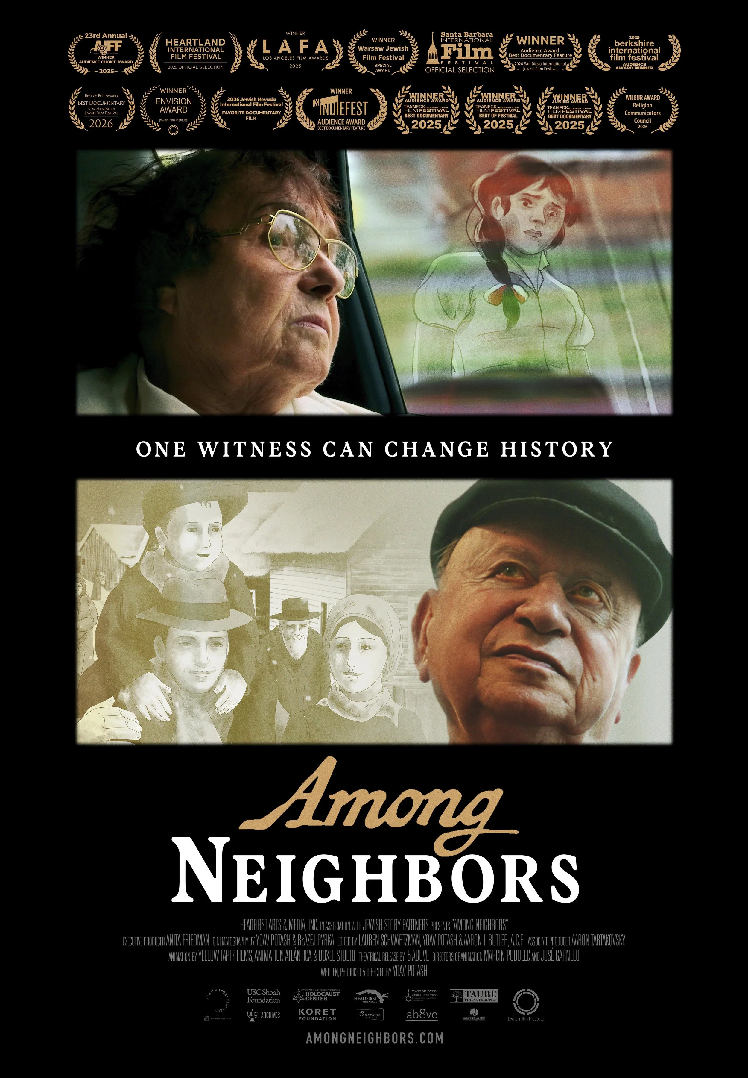 Poster for the documentary film 'Among Neighbors' featuring images of Holocaust survivors, with awards and festival recognitions at the top and logos of USC Shoah Foundation, ab8ve, and Holocaust Center at the bottom.