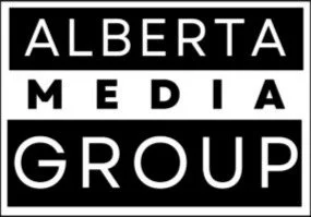Logo of Alberta Media Group with black and white text
