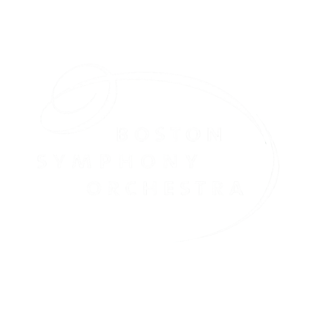 Logo of the Boston Symphony Orchestra featuring stylized white musical notes and text on a black background.