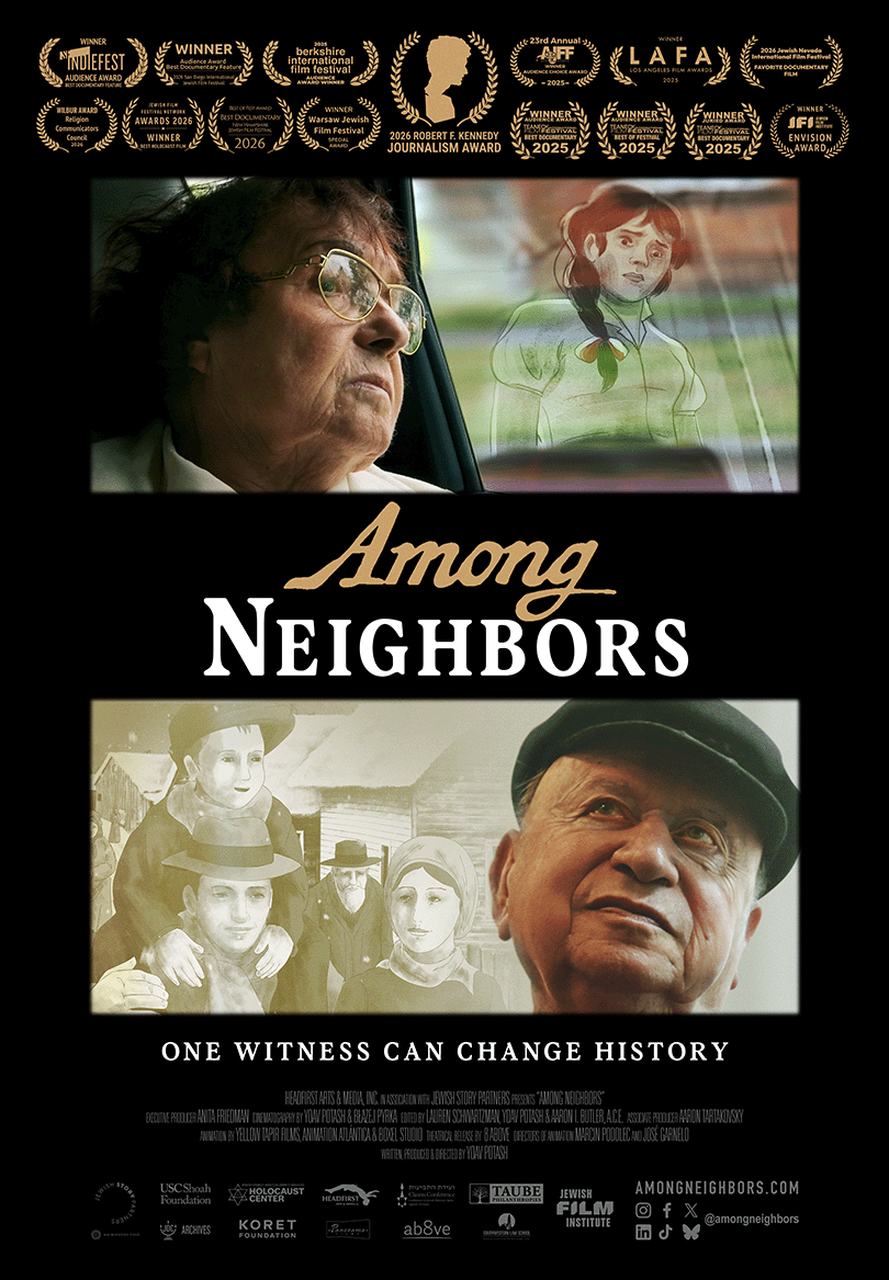 Poster for the documentary film 'Among Neighbors' featuring images of Holocaust survivors, with awards and festival recognitions at the top and logos of USC Shoah Foundation, ab8ve, and Holocaust Center at the bottom.