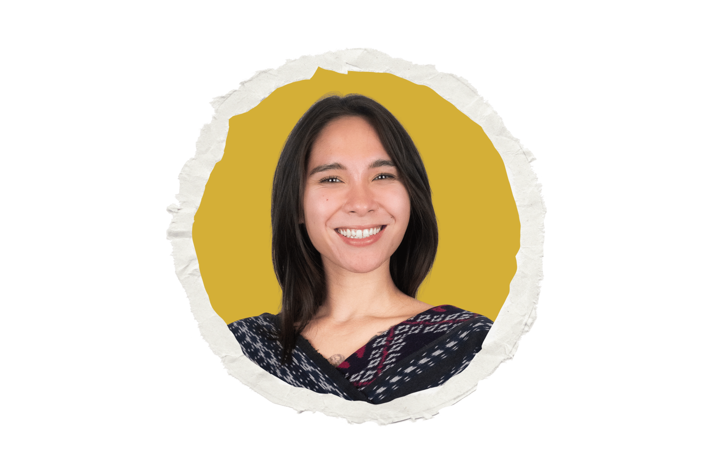 Portrait of a smiling young woman with dark hair, wearing a dark patterned top, against a yellow background.