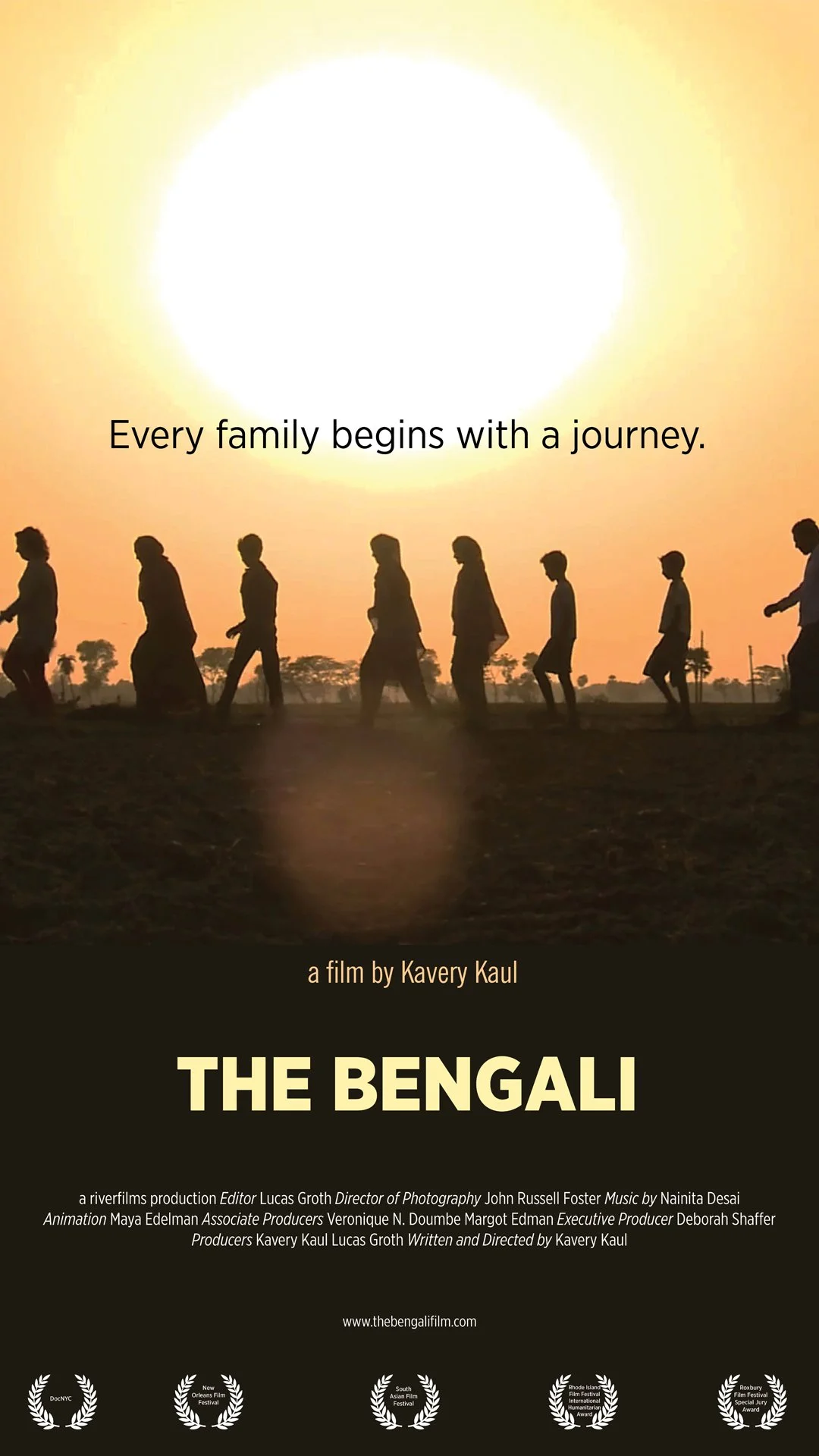 Silhouettes of people walking in a line during sunset with the text 'Every family begins with a journey' and film credits for 'The Bengali'.