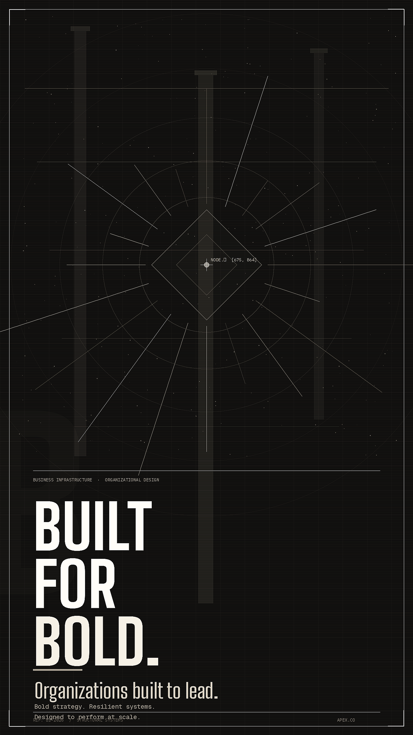 A digital graphic design featuring a network node diagram with the words "BUILT FOR BOLD." in large, bold text. Subtext reads "Organizations built to lead. Bold strategy. Resilient systems. Designed to perform at scale."