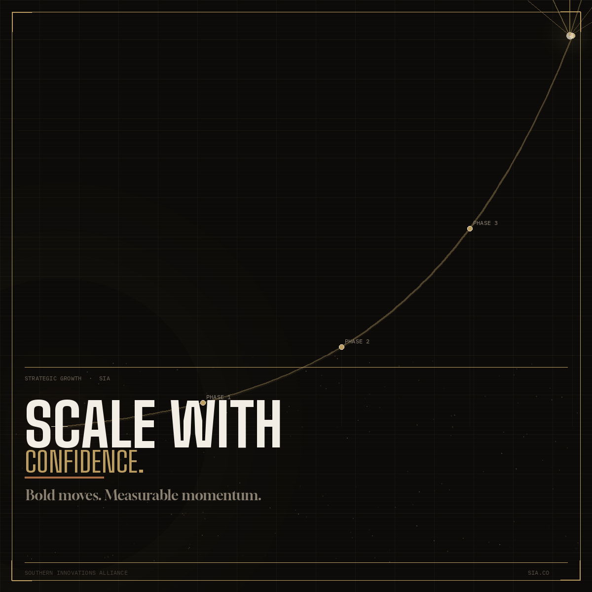 A dark-themed graphic with a rising line graph labeled 'PHASE 1', 'PHASE 2', and 'PHASE 3'. Text overlay saying 'SCALE WITH CONFIDENCE. Bold moves. Measurable momentum.'