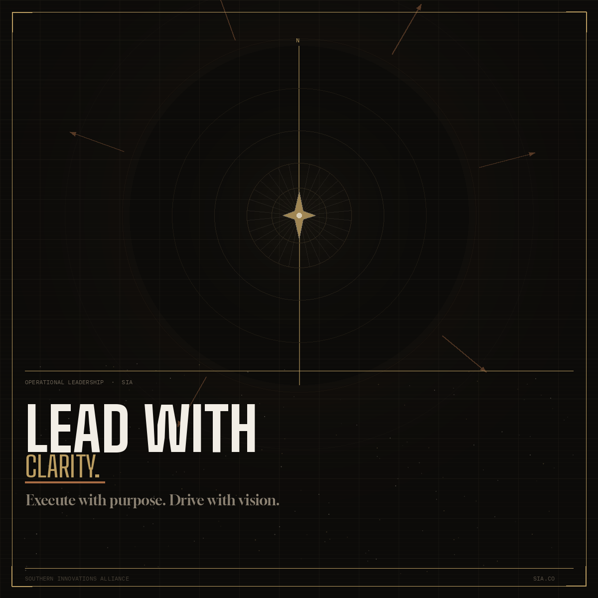 Futuristic dashboard with a central radar display, directional arrows, and the text 'Lead with Clarity. Execute with purpose. Drive with vision.'