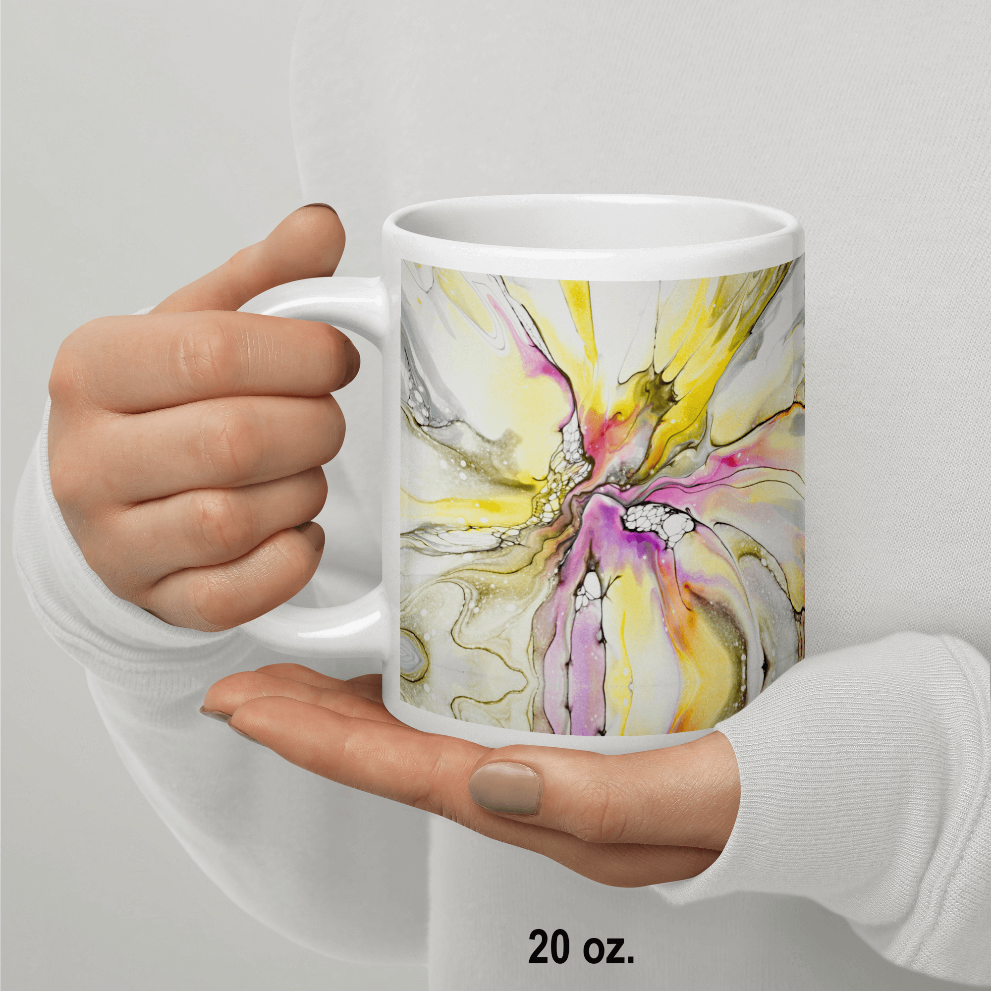 Artistic durable white glossy ceramic mug with vibrant violet and yellow abstract art in 3 sizes