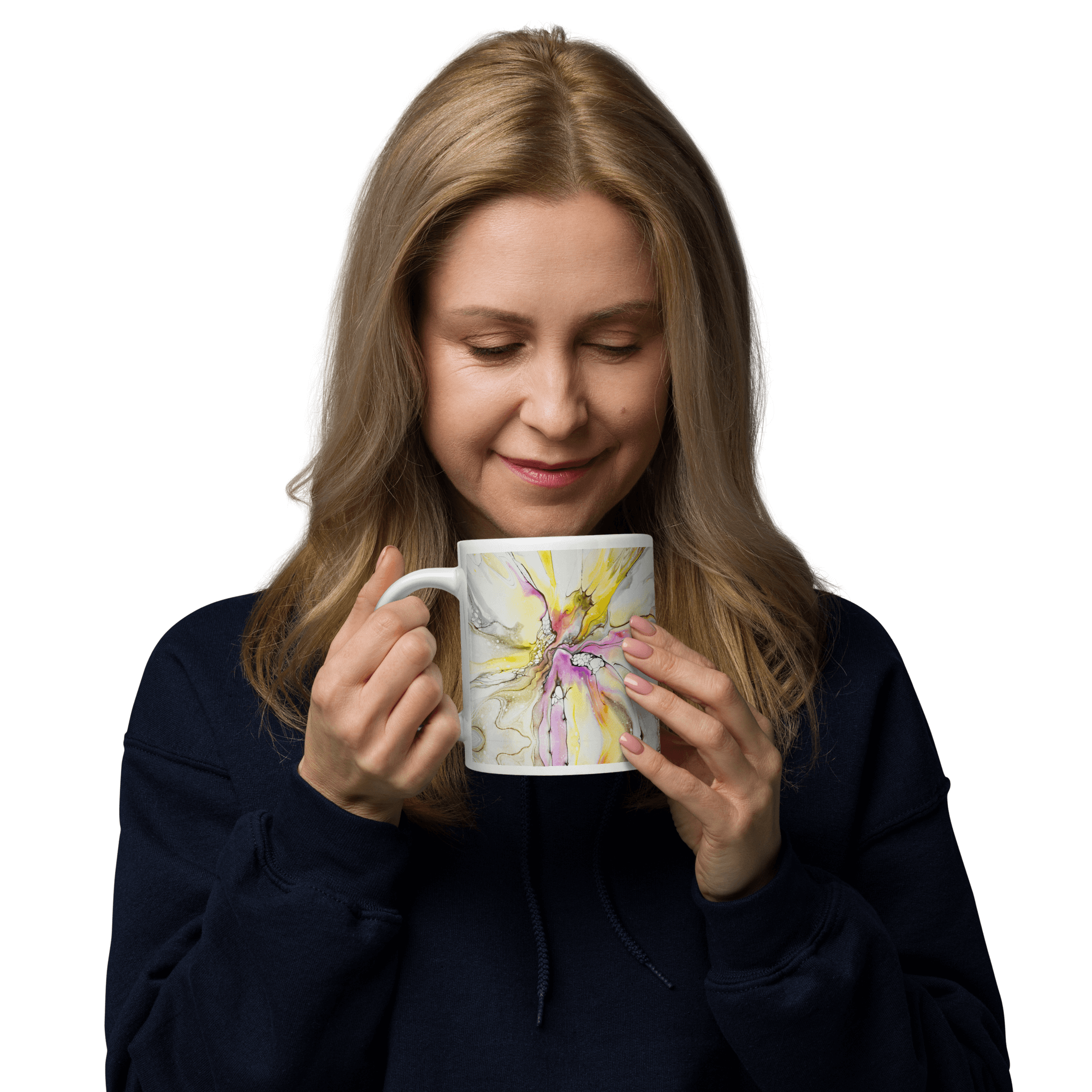 Artistic durable white glossy ceramic mug with vibrant violet and yellow abstract art in 3 sizes