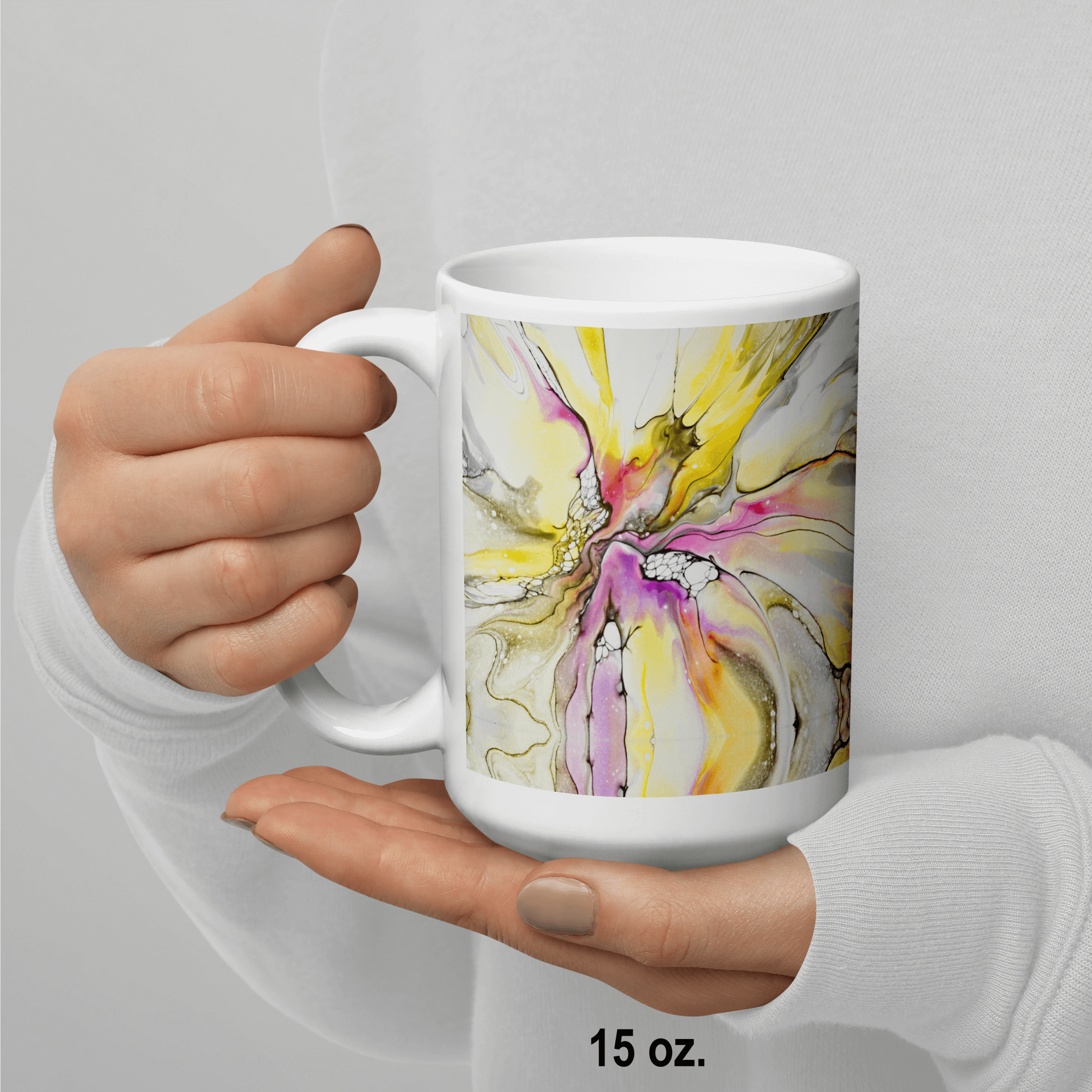 Artistic durable white glossy ceramic mug with vibrant violet and yellow abstract art in 3 sizes