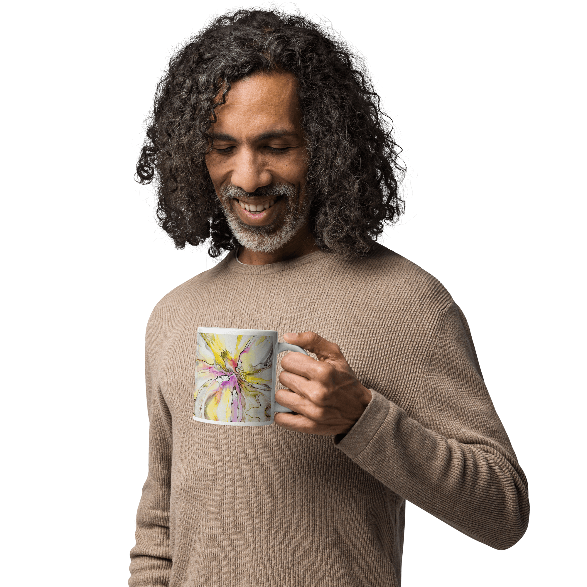 Artistic durable white glossy ceramic mug with vibrant violet and yellow abstract art in 3 sizes