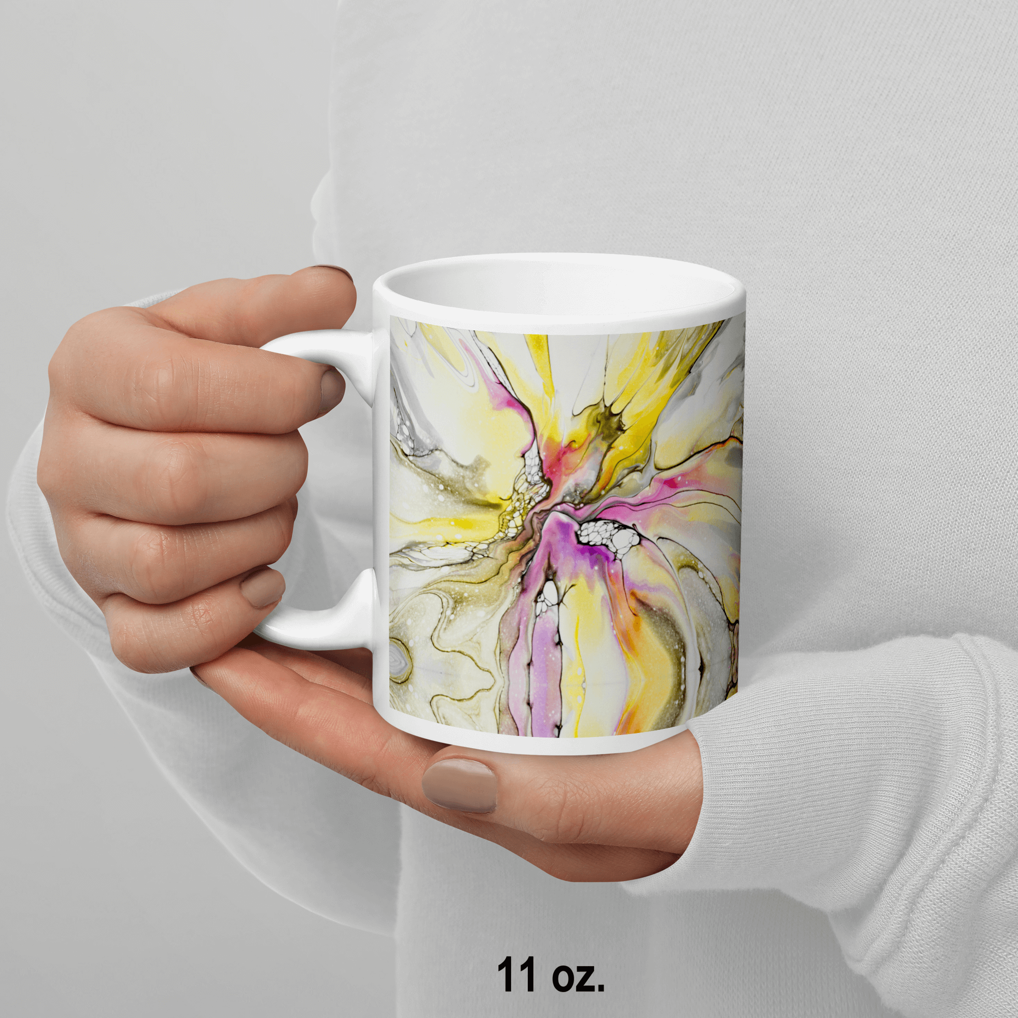 Artistic durable white glossy ceramic mug with vibrant violet and yellow abstract art in 3 sizes
