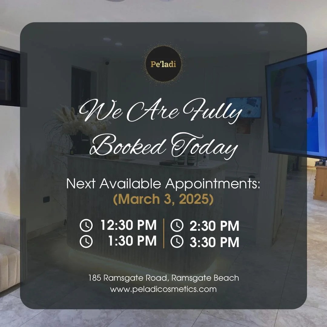 𝐖𝐄 𝐀𝐑𝐄 𝐅𝐔𝐋𝐋𝐘 𝐁𝐎𝐎𝐊𝐄𝐃 𝐓𝐎𝐃𝐀𝐘! ✨

Thank you for choosing Peladi Cosmetics to be part of your self-care journey. Your support means everything to us.

Our next available appointments are March 3, 2026.

Don&rsquo;t wait for another da