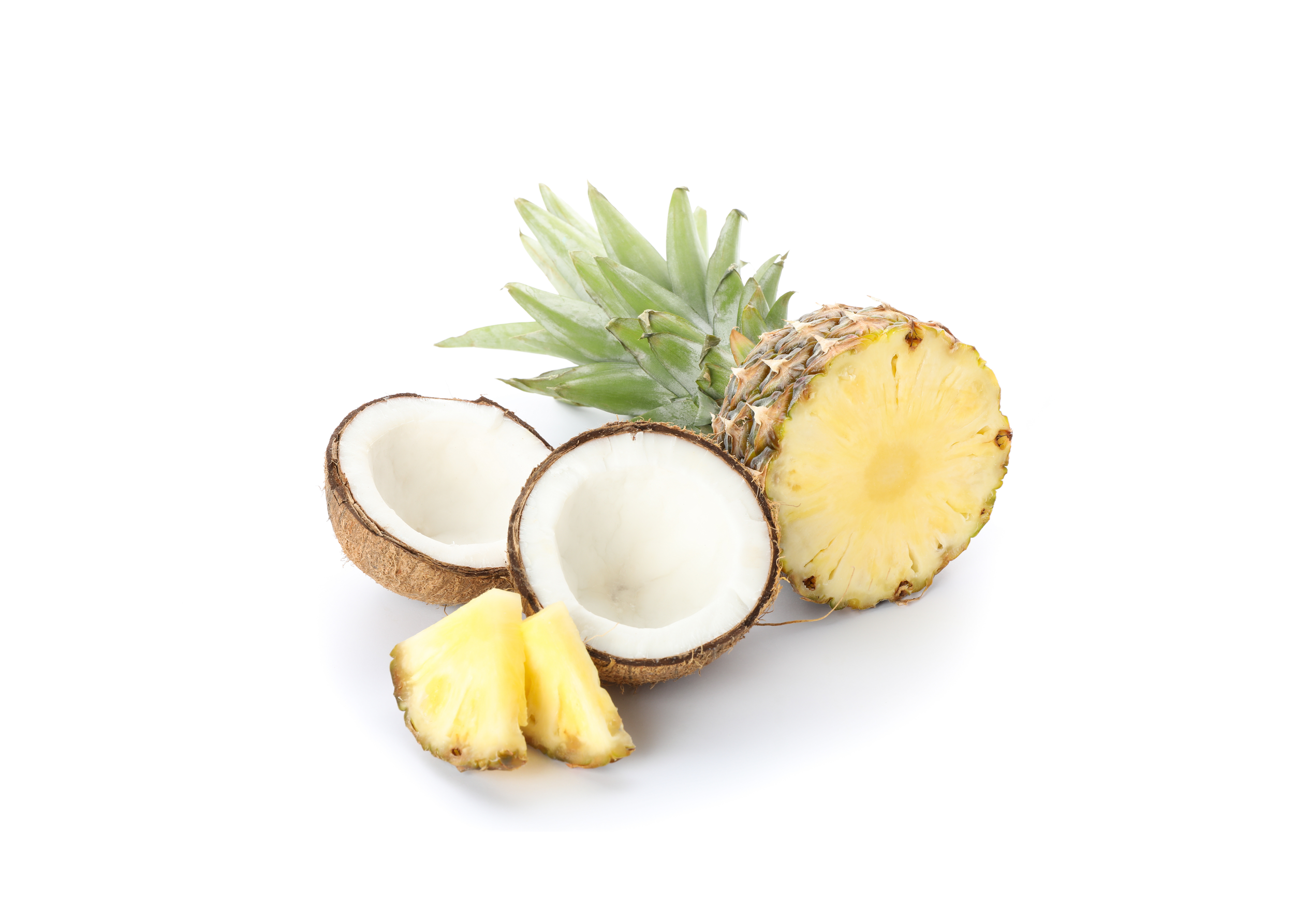 Half-cut pineapple and coconut with pineapple slices on a white background.