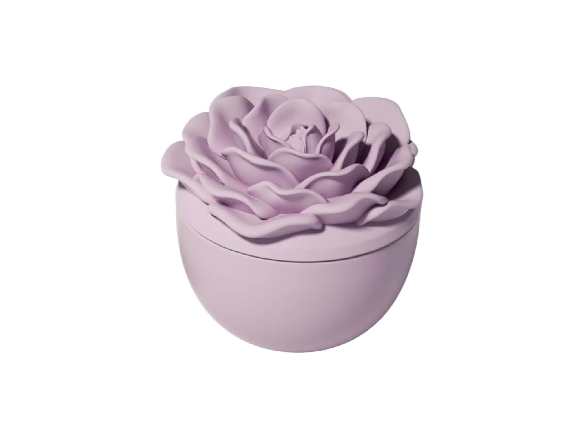 A purple box with a lid shaped like a rose flower