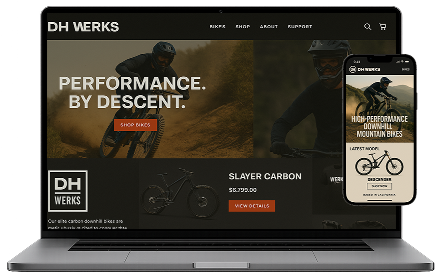 Lots of bikes showcased on a website displayed on a laptop and smartphone, with a dark theme and biking images in the background.