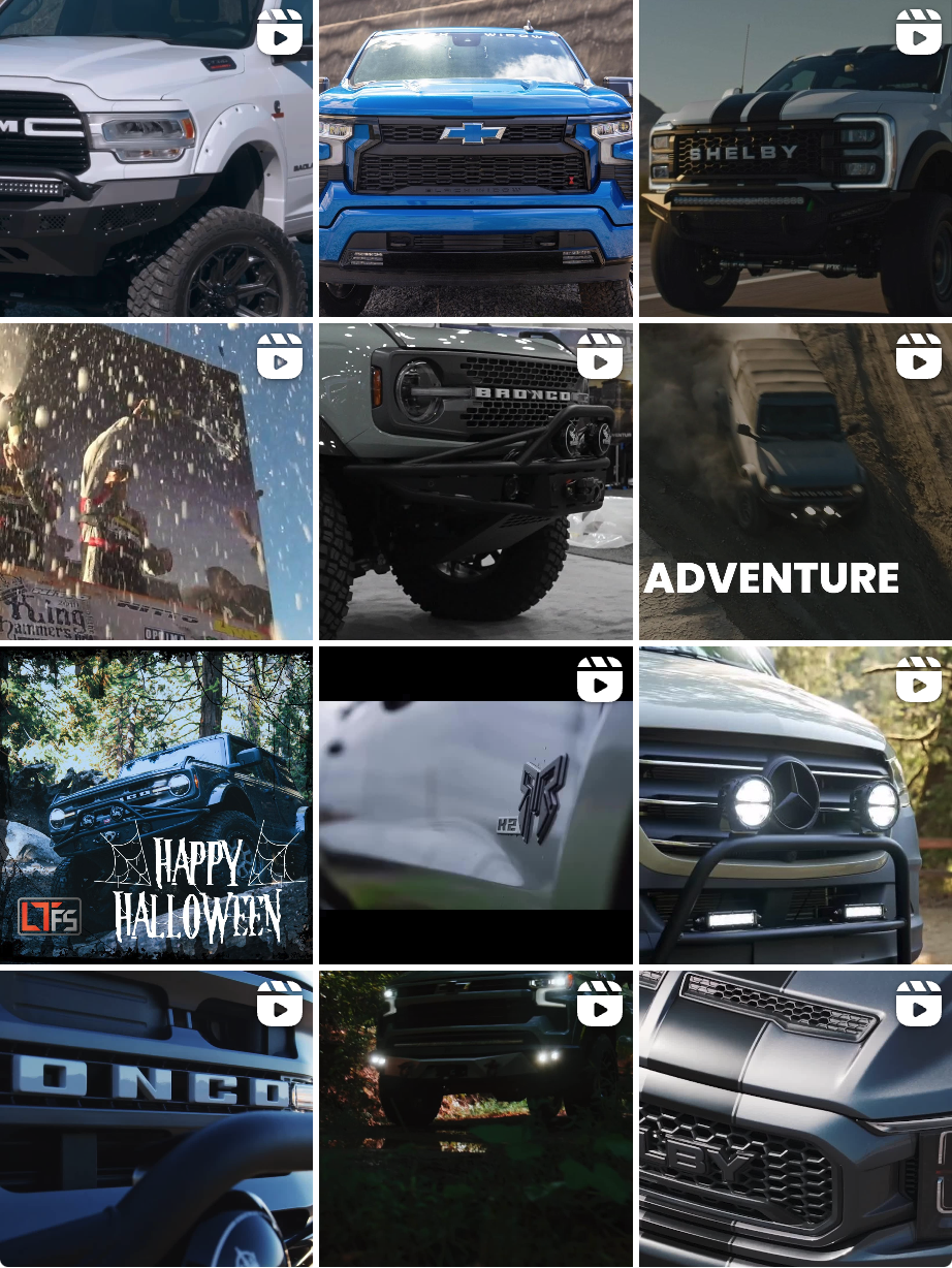 Collage of nine images featuring various trucks and SUVs, including off-road vehicles, a racing event, and vehicle close-ups.