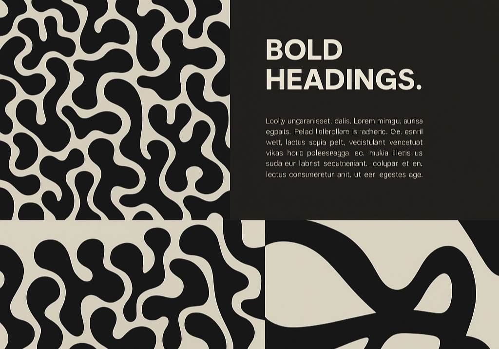 A graphic design featuring a black and white abstract pattern with bold headings text that says "BOLD HEADINGS." on a dark background.