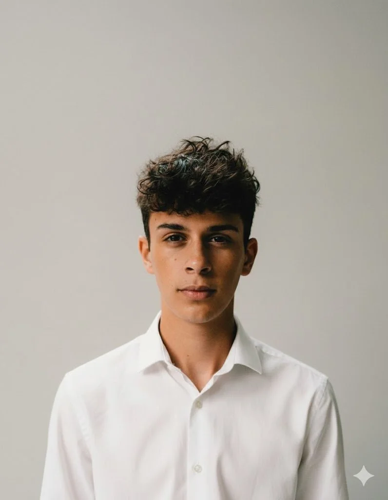 A young man with short, curly hair and light skin wearing a white shirt, standing against a plain, light-colored background.