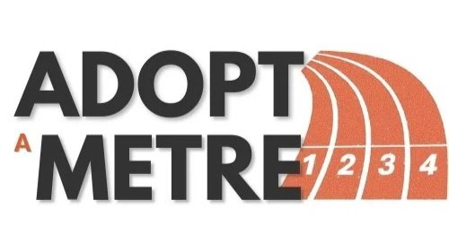 Logo for 'Adopt a Metre' featuring black text and an orange running track with lanes numbered 1 through 4.