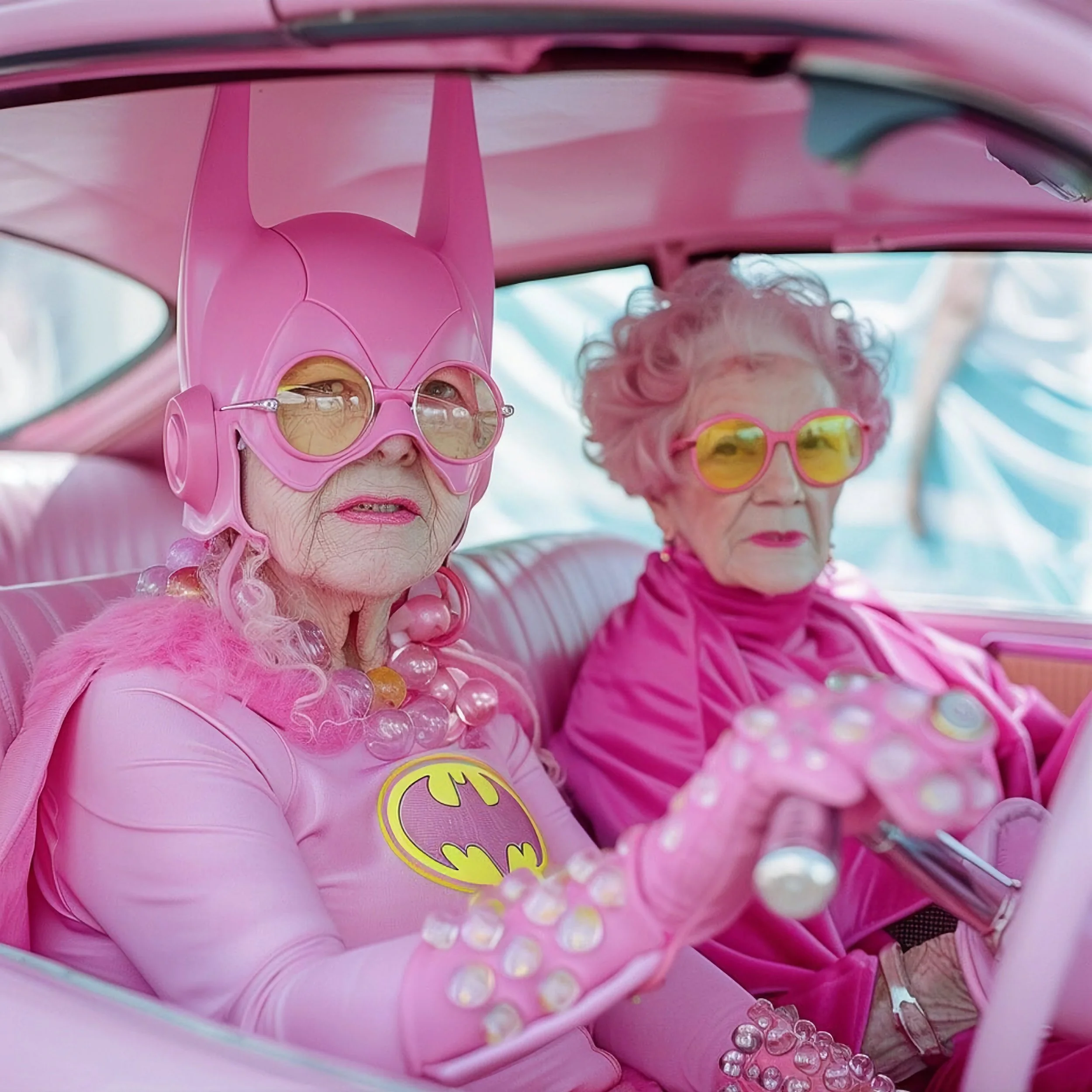 Two elderly women dressed in pink with colorful accessories, sitting inside a vintage pink car. One woman wears a Batman logo shirt, a pink helmet with ears, and large round glasses, while the other wears a pink jacket and sunglasses.