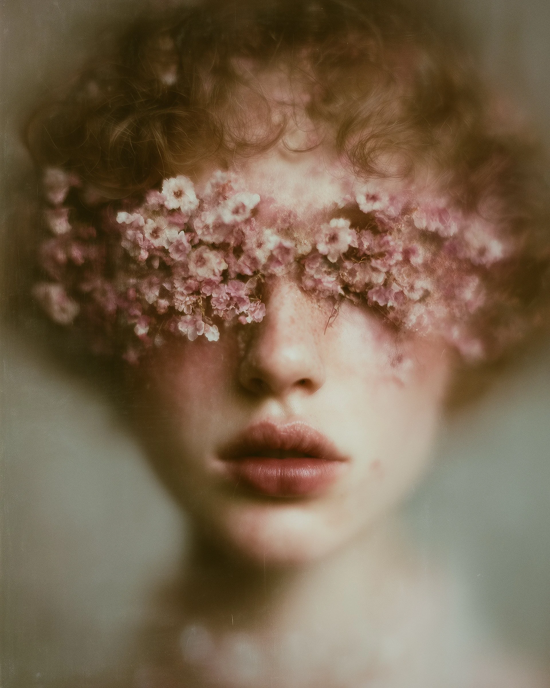 Portrait of a woman with her eyes obscured by pink flowers, with soft lighting and a blurred background.