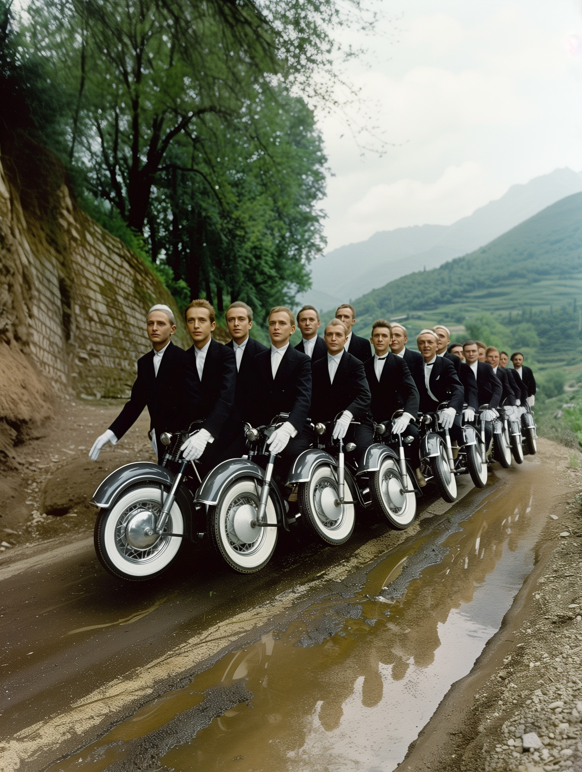 A group of men dressed in formal black suits and white gloves riding vintage motorcycles in a line on a dirt road with mountainous and forested background.