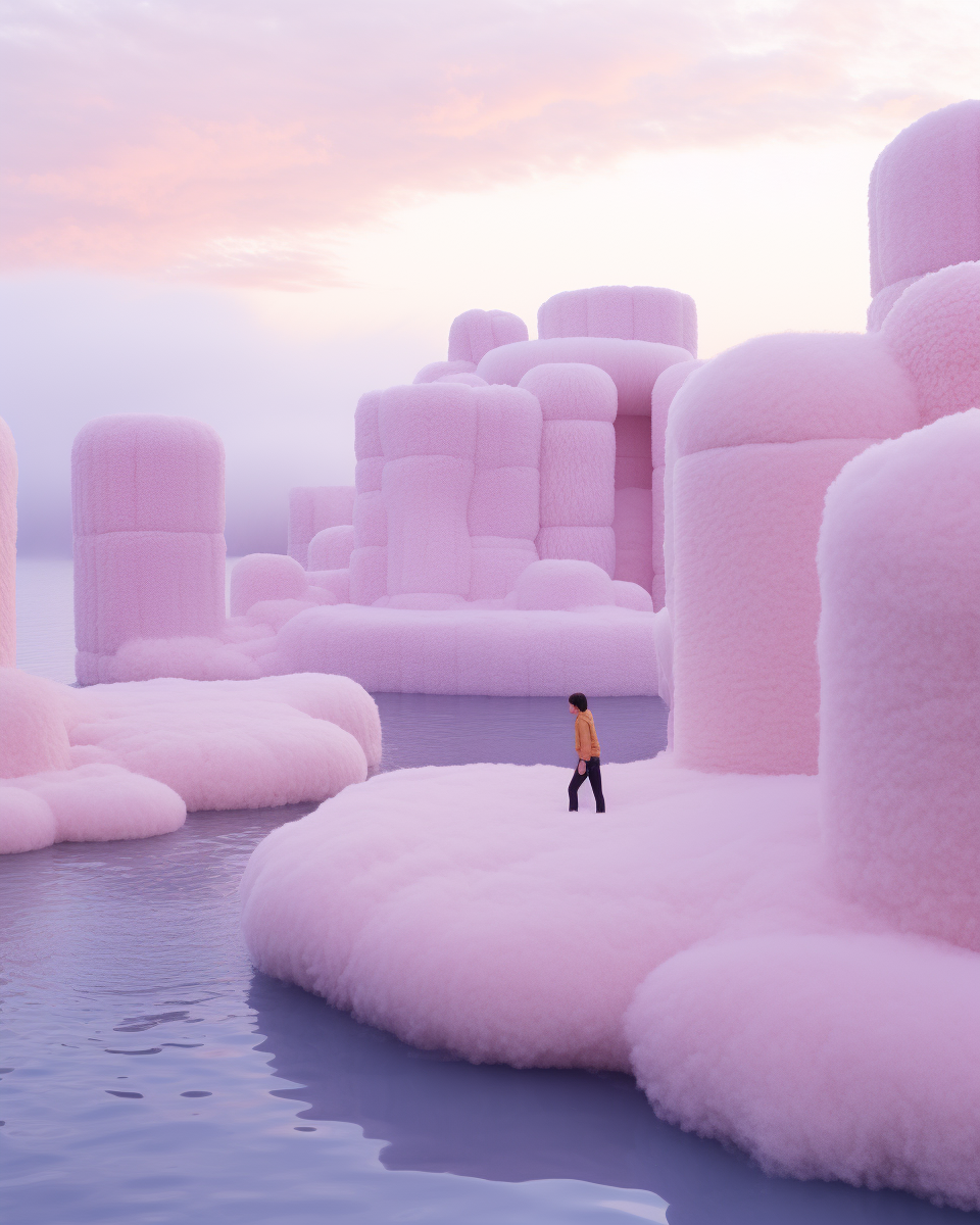 A person walking on fluffy, pink, cloud-like structures near water, with large, soft, pink abstract sculptures and formations under a pastel sky.