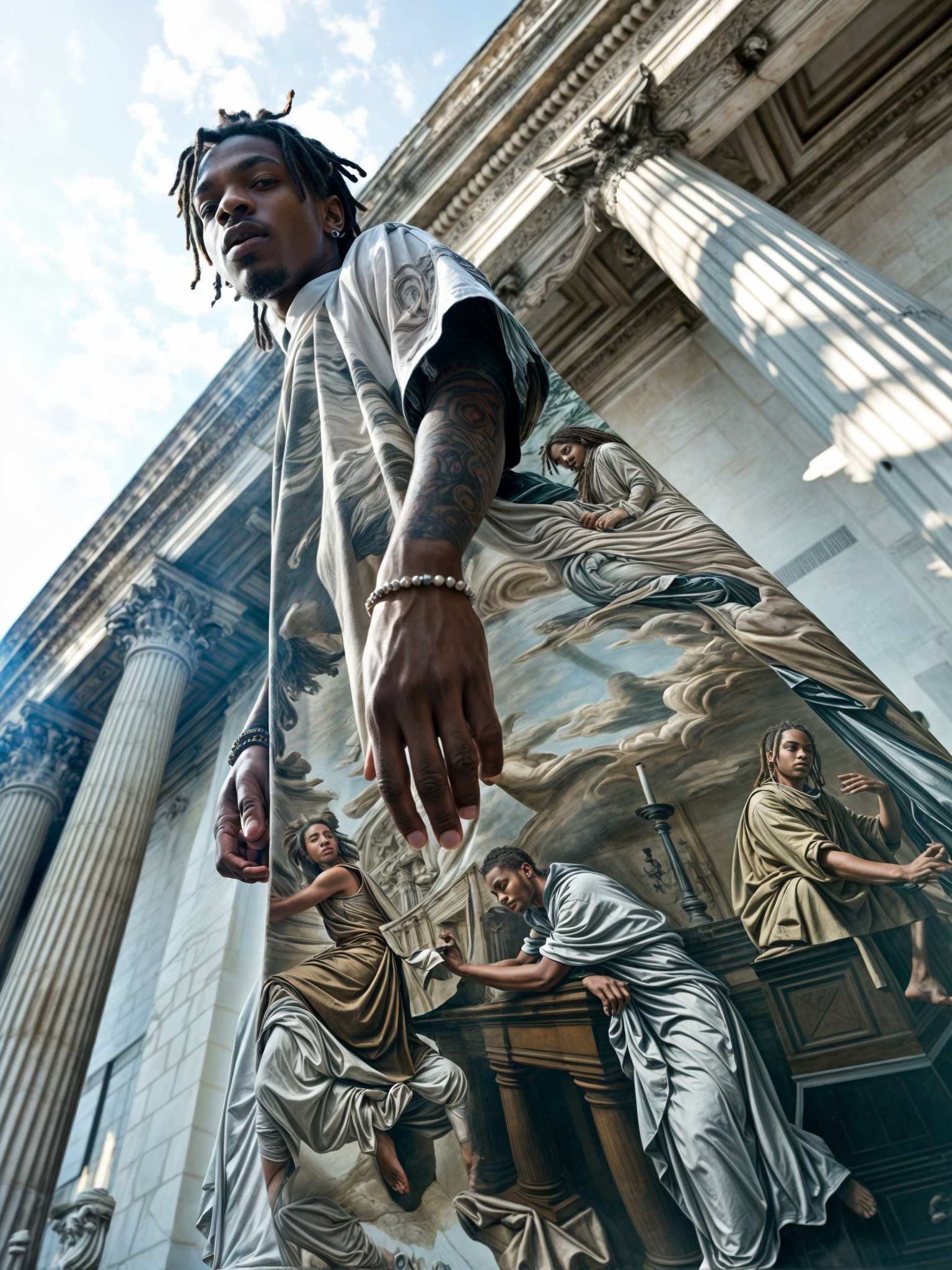 Young man with tattoos and earrings stands in front of a mirror that reflects a classical statue scene with multiple figures, columns, and architectural details.