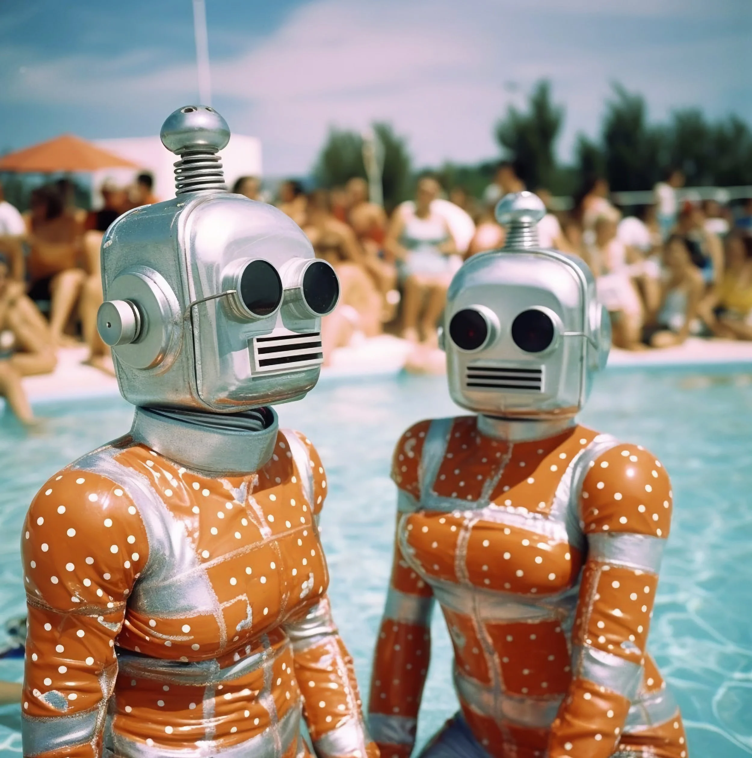 Two people dressed as retro-style robots with metallic heads and orange polka-dotted outfits at a crowded outdoor pool.