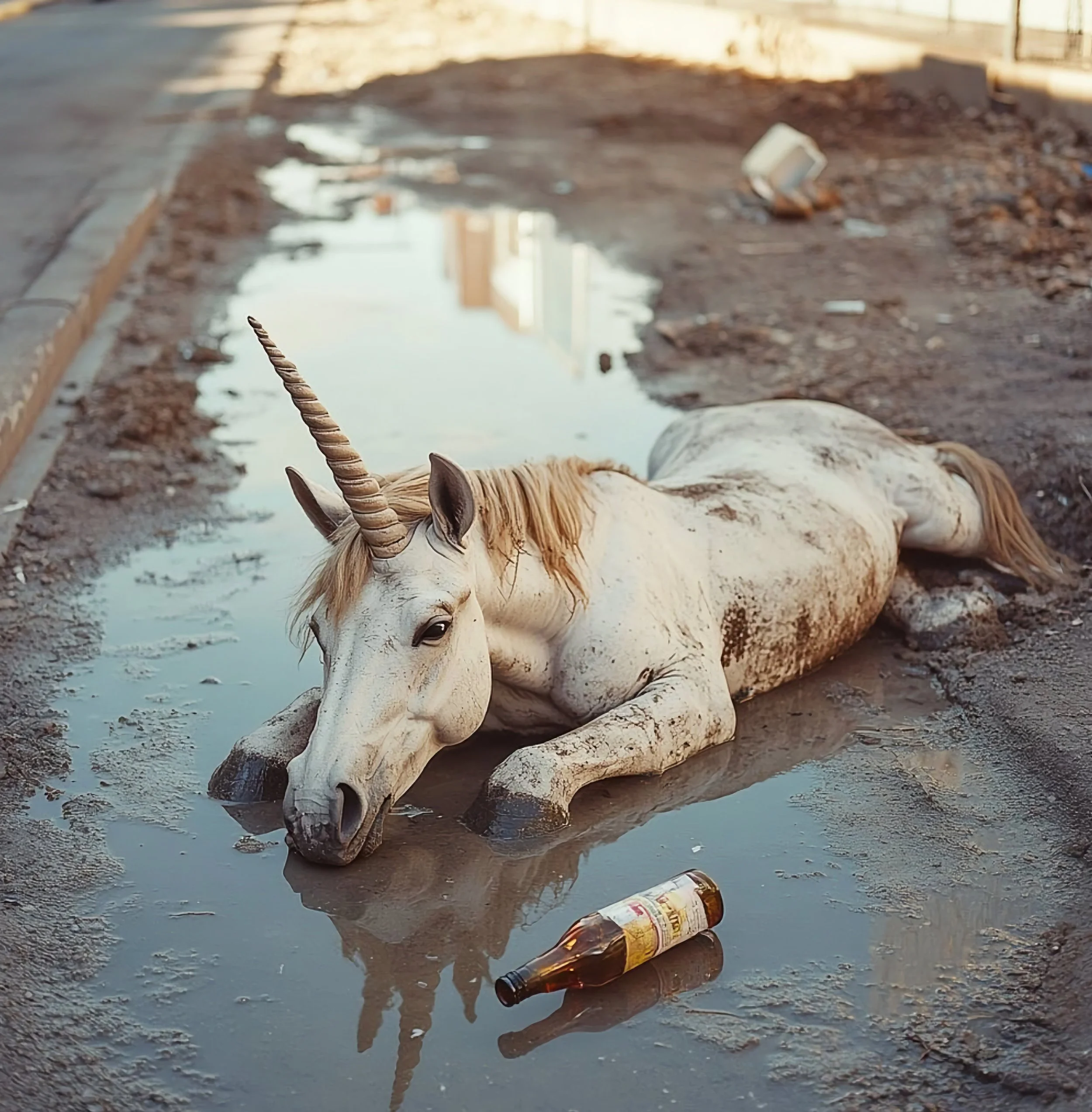 A dirty unicorn statue lying in a puddle of water on a muddy street, with a discarded bottle nearby.