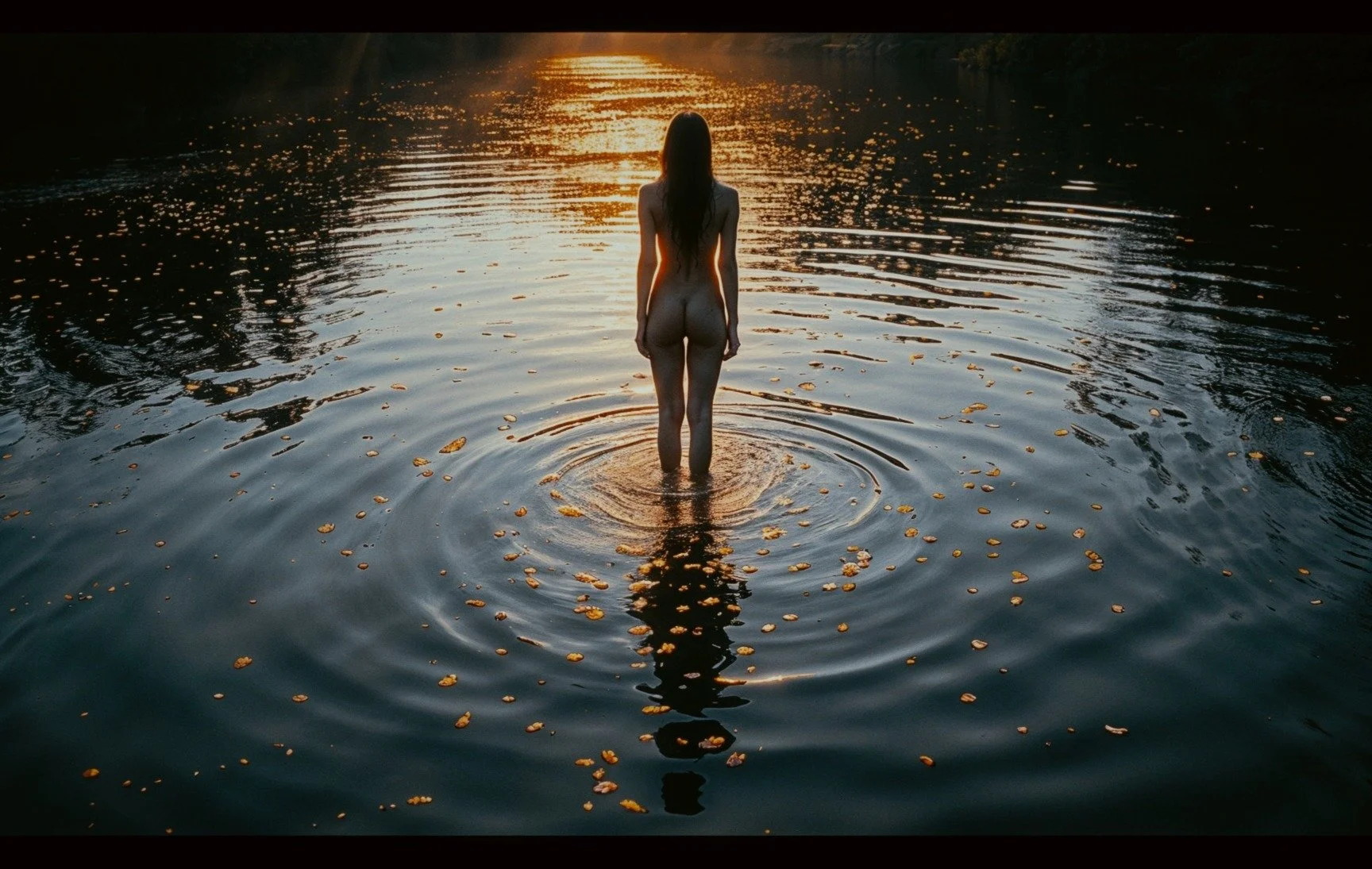 A woman standing in water at sunset, facing away from the camera with ripples and floating leaves around her.