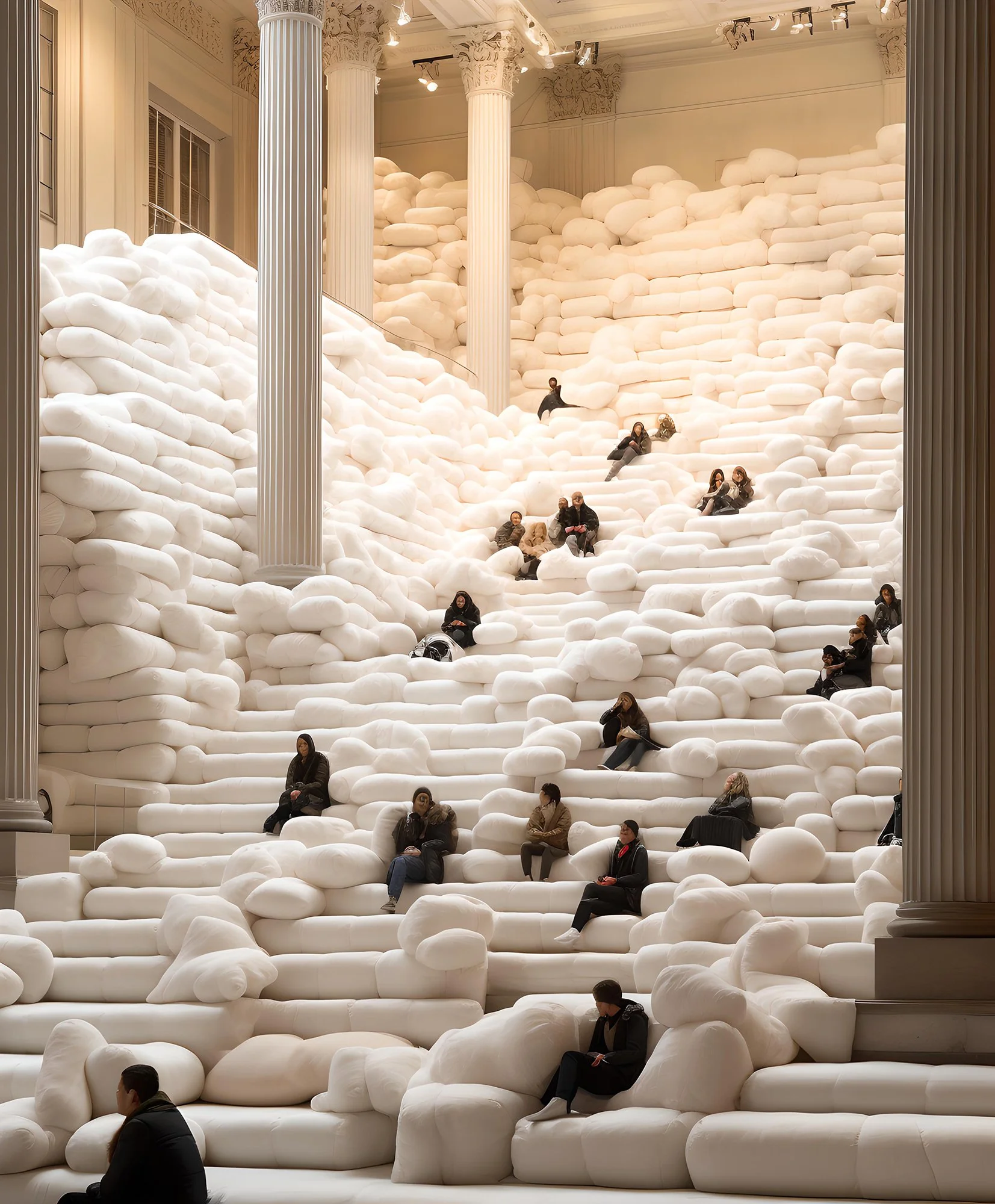 Large indoor space designed to look like a mountain of white pillows with scattered columns, with people sitting and resting on the pillows.