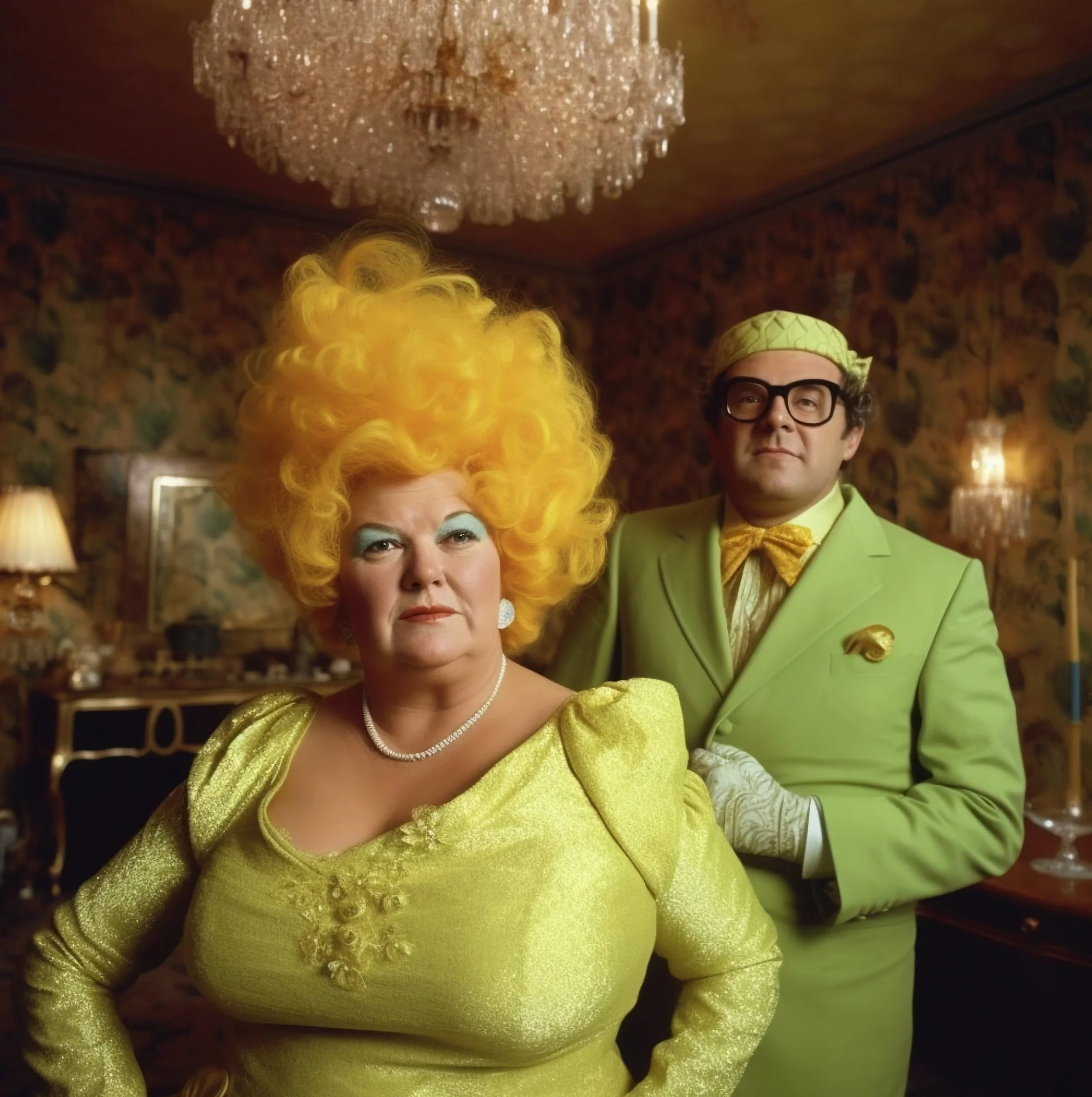 Two people in colorful costumes standing in a vintage-style room with a large chandelier overhead. The woman in front has a large yellow curly wig and matching yellow outfit, while the man behind wears glasses and a green suit with a yellow bow tie a
