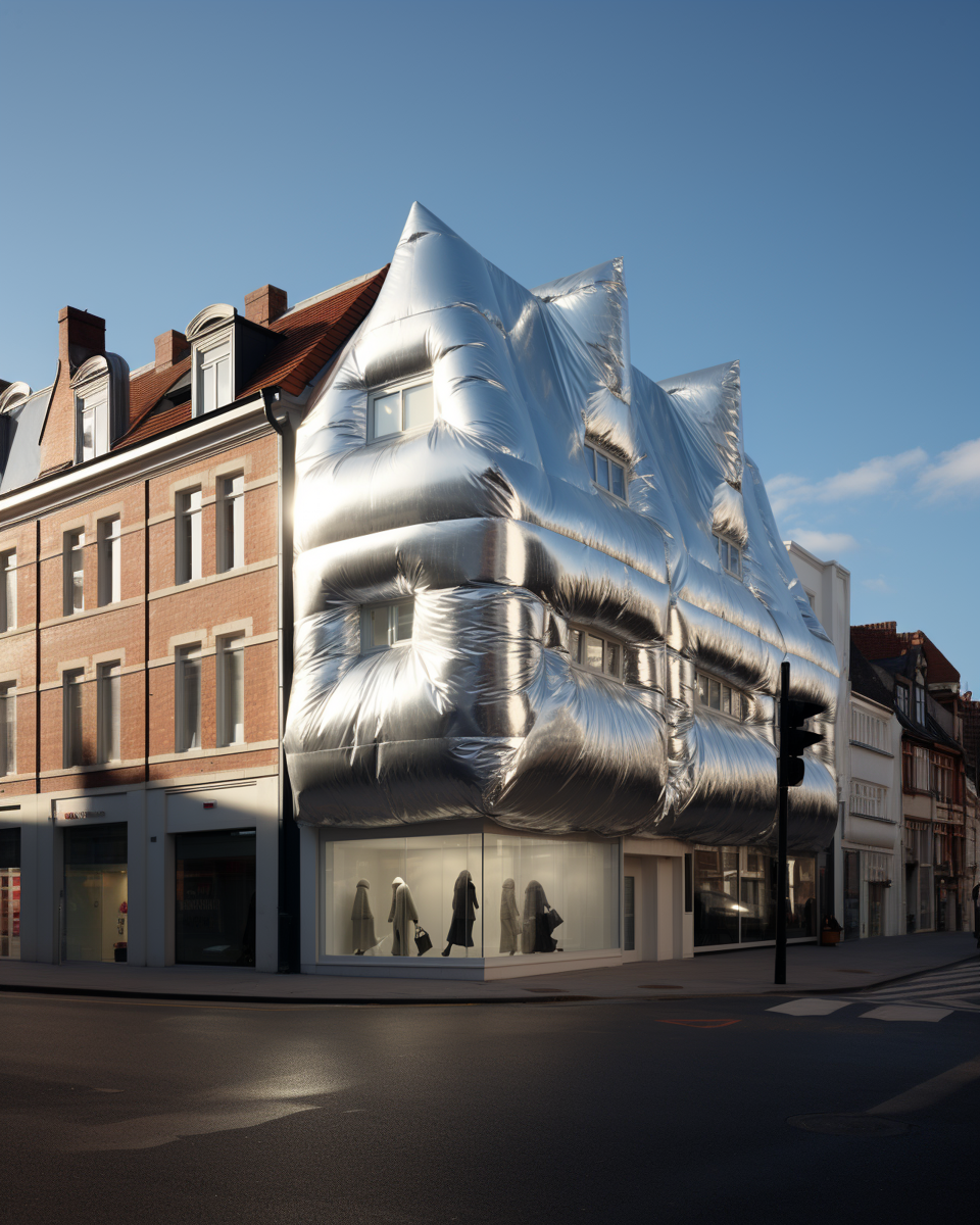 A building wrapped in shiny, metallic material, with mannequins inside a storefront window.